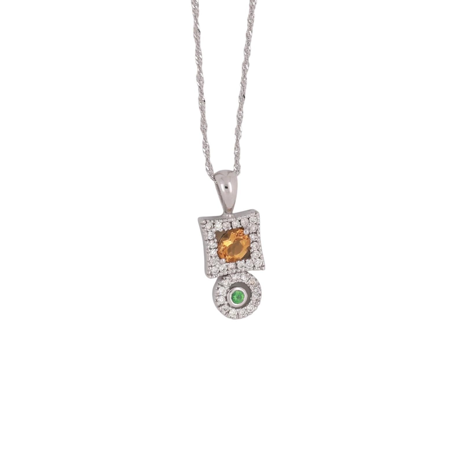 14K White Gold Citrine Diamond Halo Pendant Necklace Emerald Accent 0.61CTW
