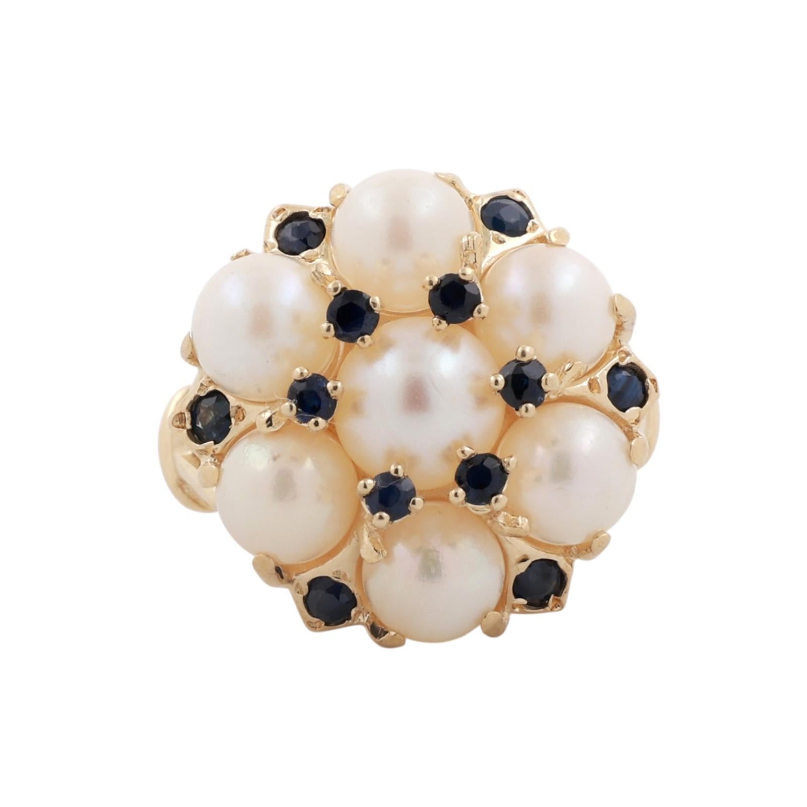 14K Yellow Gold Akoya Pearl Blue Sapphire Dome Cluster Cocktail Ring Size 6.5