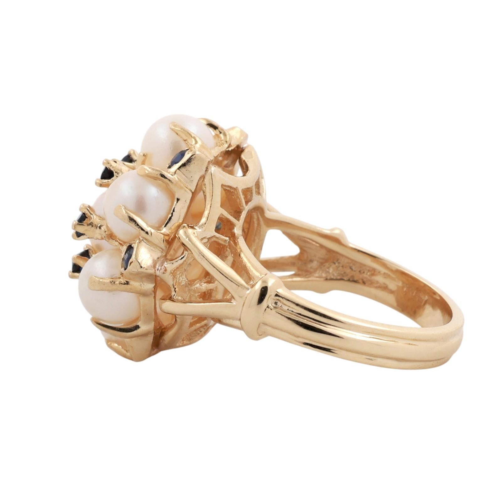 14K Yellow Gold Akoya Pearl Blue Sapphire Dome Cluster Cocktail Ring Size 6.5