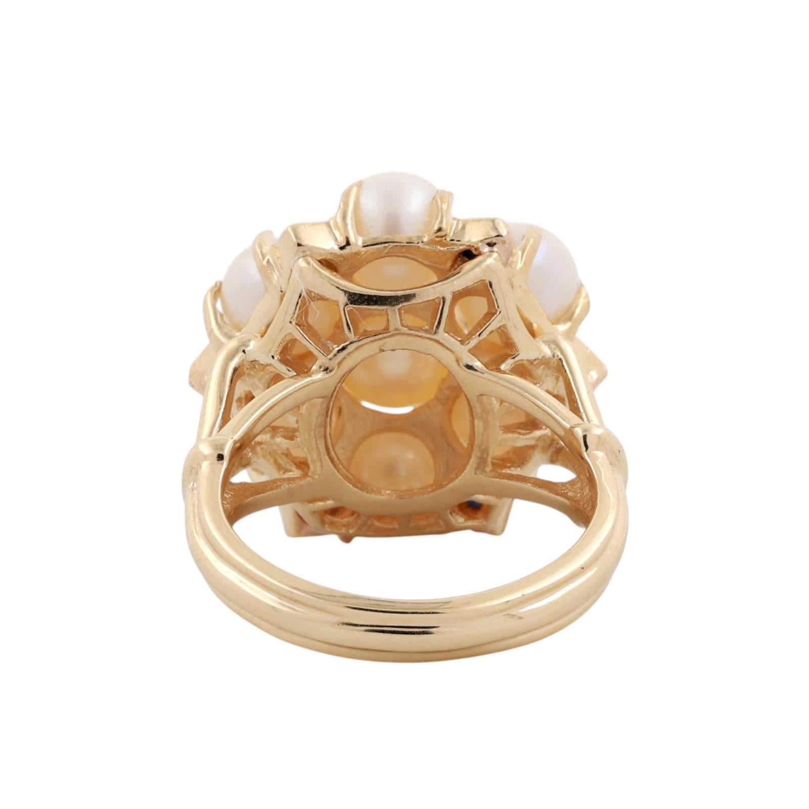 14K Yellow Gold Akoya Pearl Blue Sapphire Dome Cluster Cocktail Ring Size 6.5