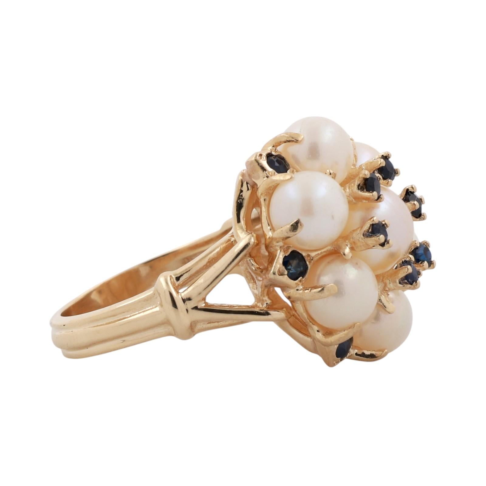 14K Yellow Gold Akoya Pearl Blue Sapphire Dome Cluster Cocktail Ring Size 6.5