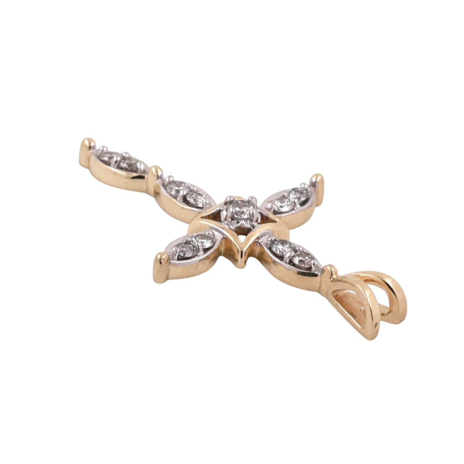 14K Two Tone Gold 0.75 CTW Natural Diamond Cross Pendant Estate Religious