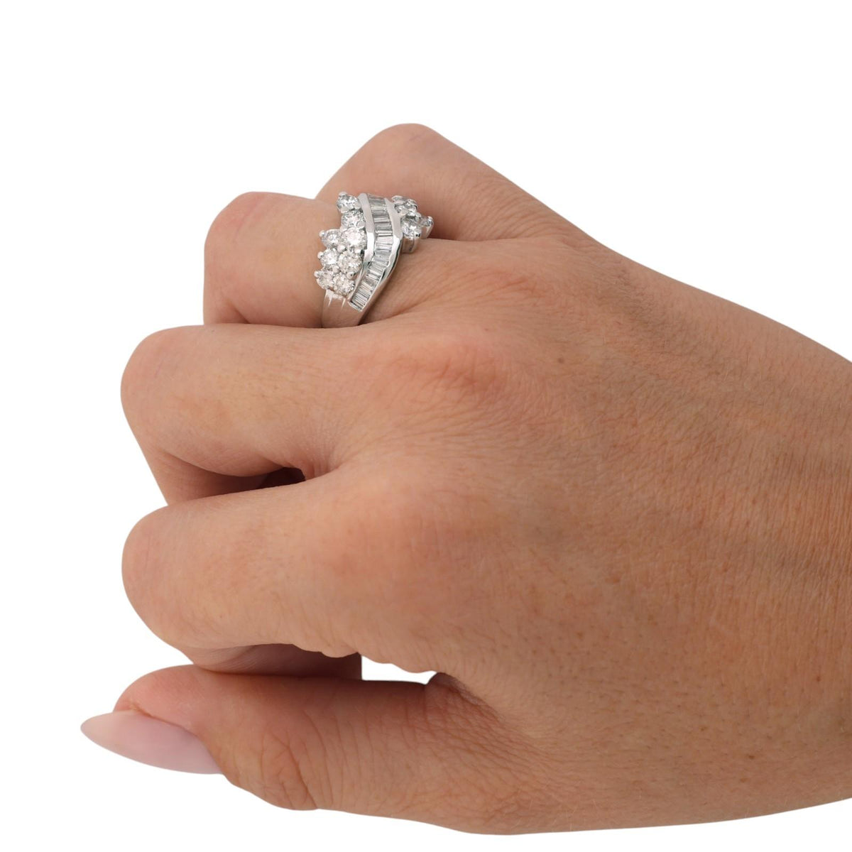 Natural Diamond Swirl Ring 14K White Gold 2.50 CTW Round Baguette Size 6.25