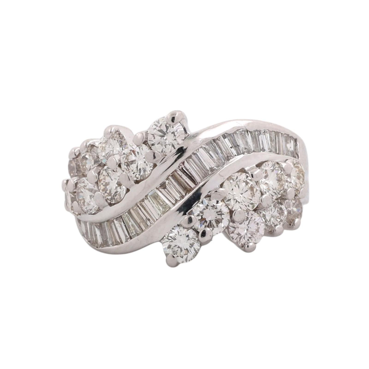 Natural Diamond Swirl Ring 14K White Gold 2.50 CTW Round Baguette Size 6.25