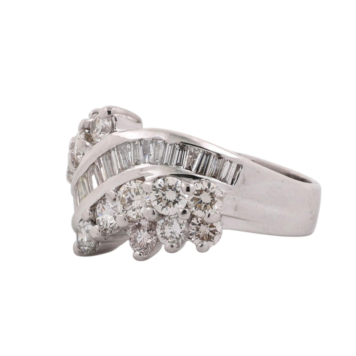 Natural Diamond Swirl Ring 14K White Gold 2.50 CTW Round Baguette Size 6.25