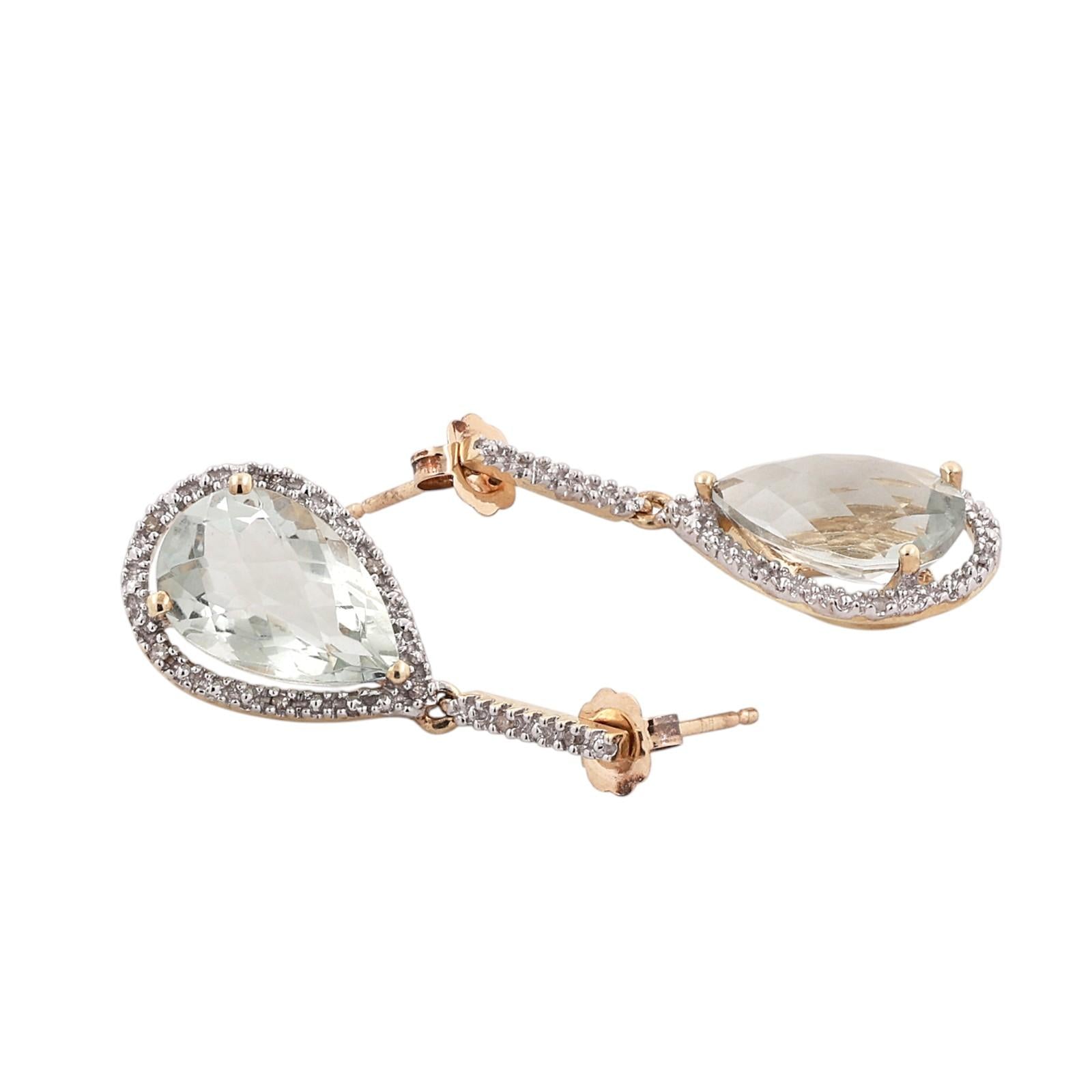 10K Two Tone Gold Prasiolite Diamond Halo Drop Dangle Earrings 4.50CTW