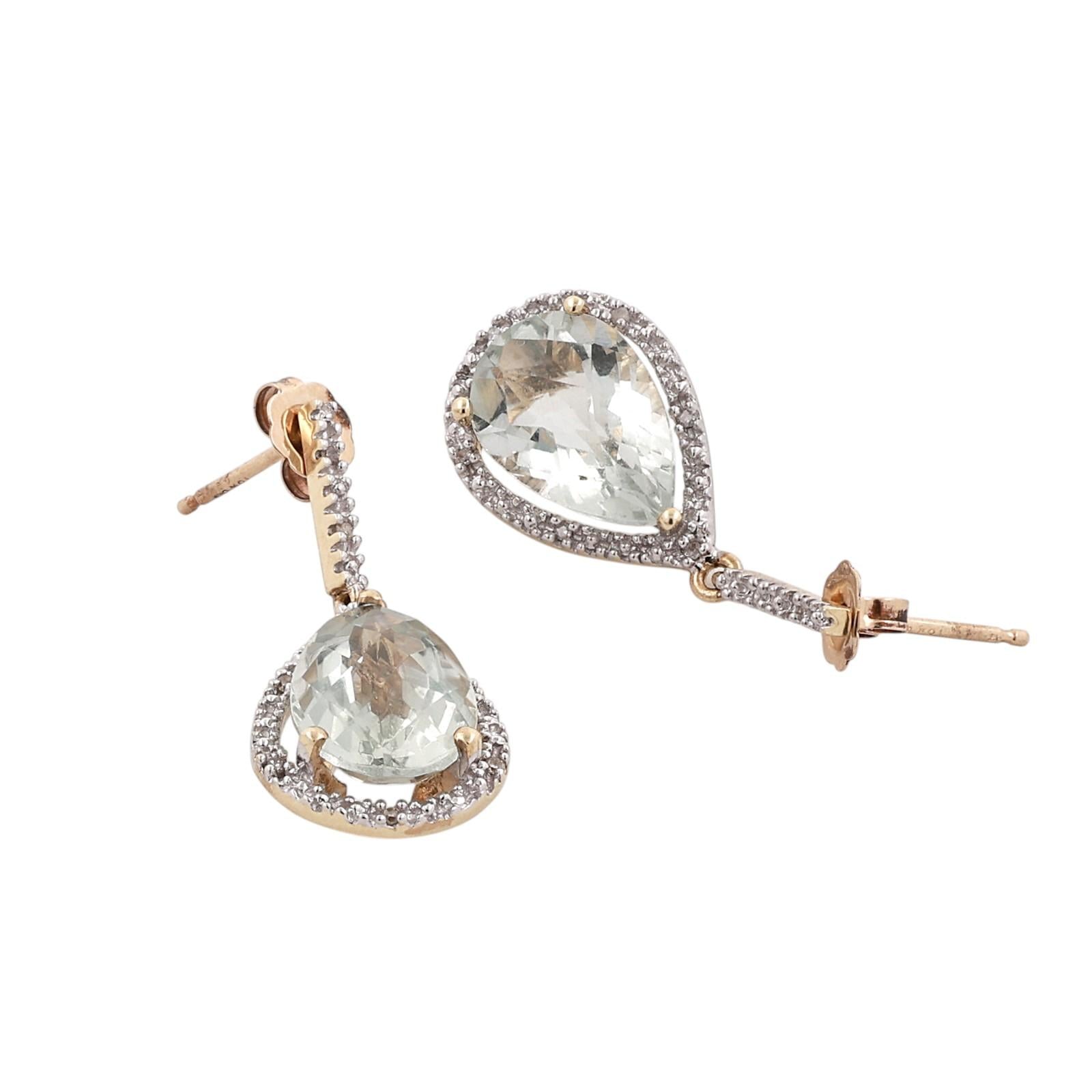 10K Two Tone Gold Prasiolite Diamond Halo Drop Dangle Earrings 4.50CTW