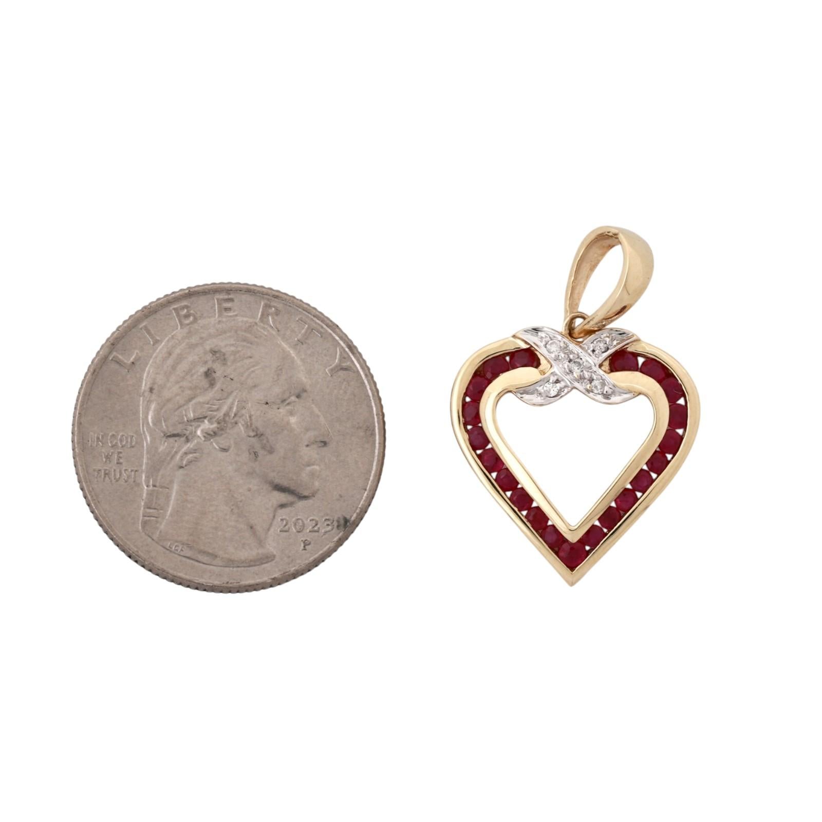 14K Gold Ruby Diamond Open Heart Pendant Charm 0.68CTW Estate