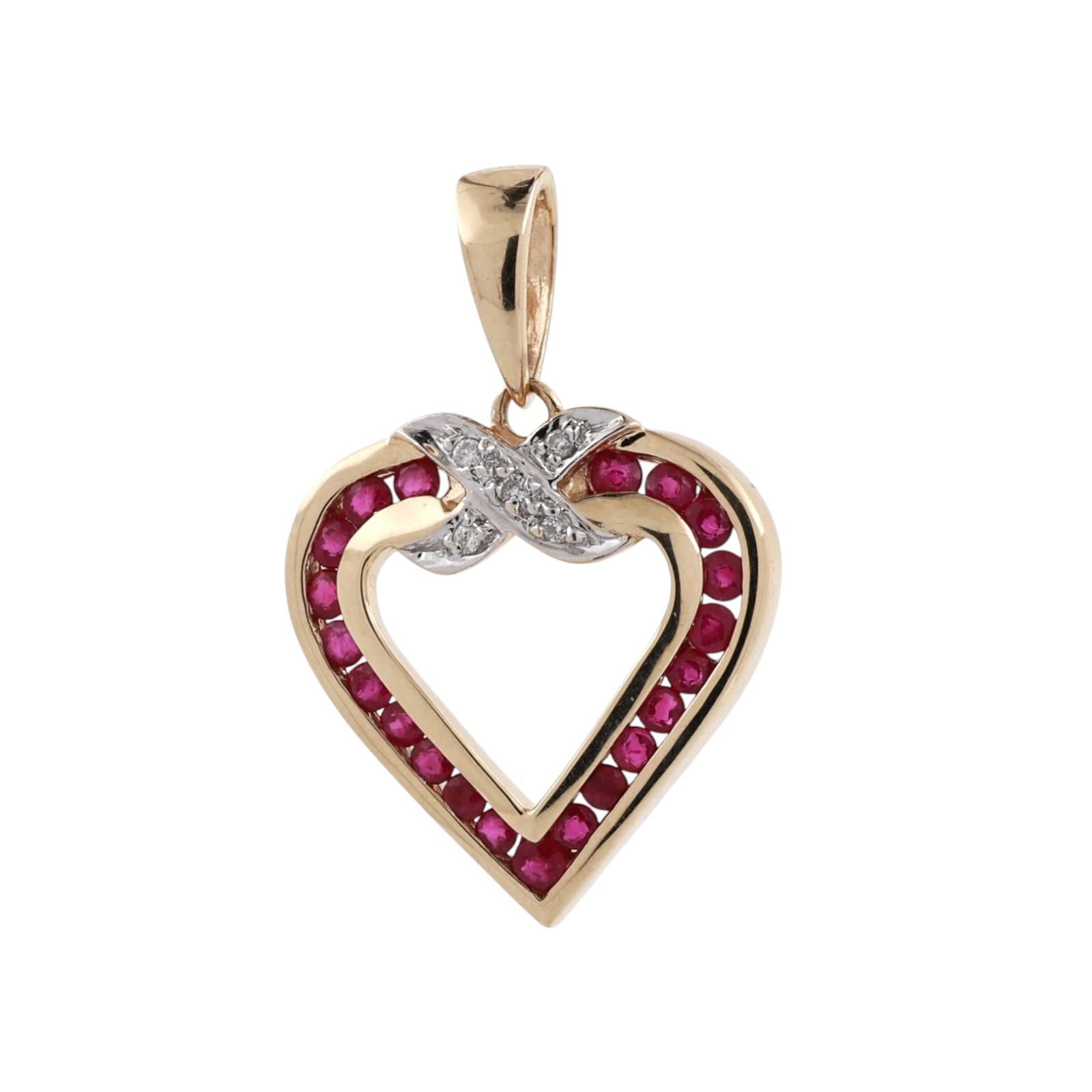 14K Gold Ruby Diamond Open Heart Pendant Charm 0.68CTW Estate