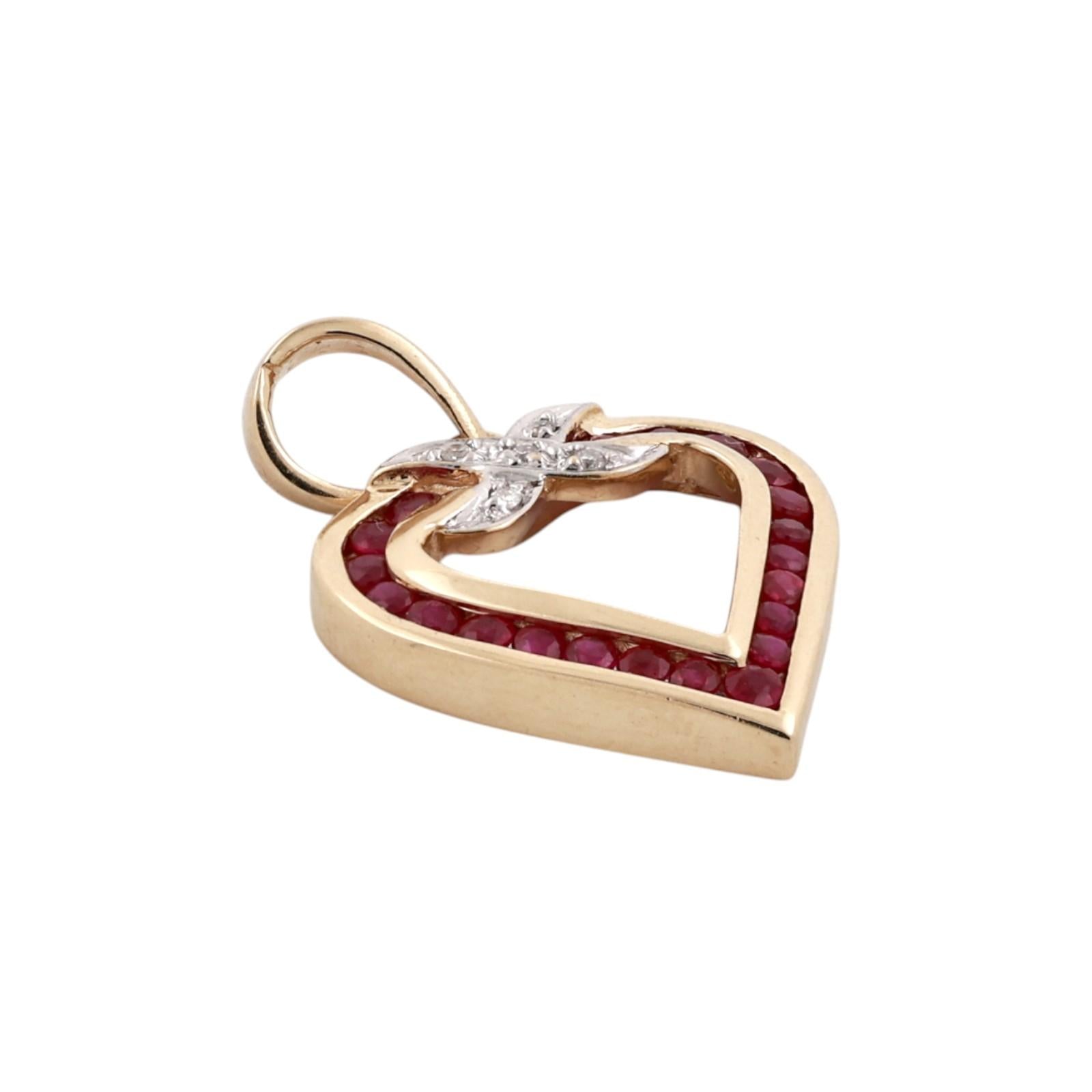 14K Gold Ruby Diamond Open Heart Pendant Charm 0.68CTW Estate