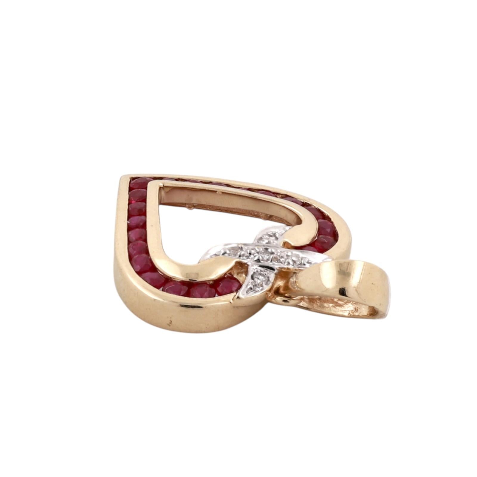 14K Gold Ruby Diamond Open Heart Pendant Charm 0.68CTW Estate