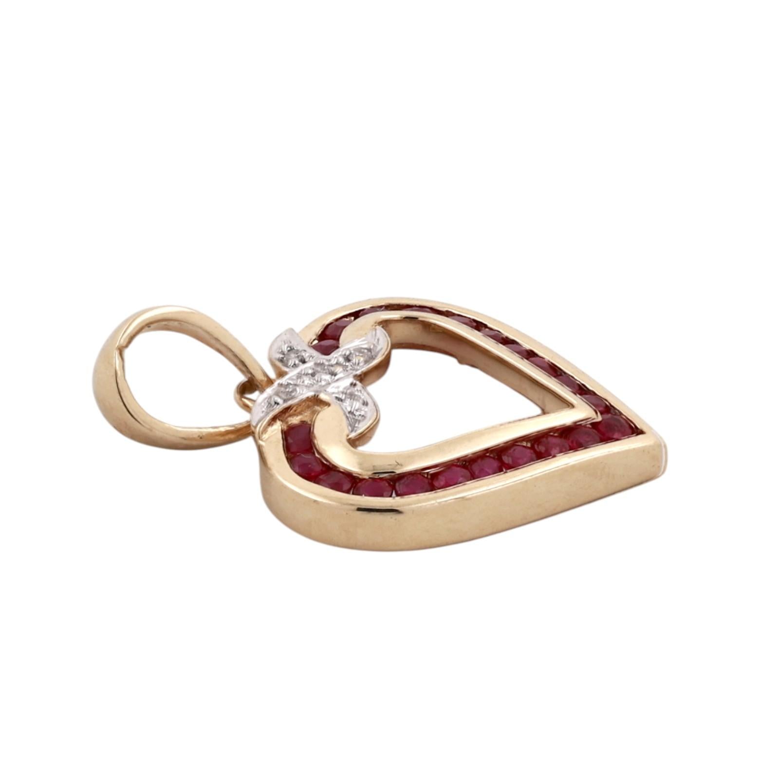 14K Gold Ruby Diamond Open Heart Pendant Charm 0.68CTW Estate