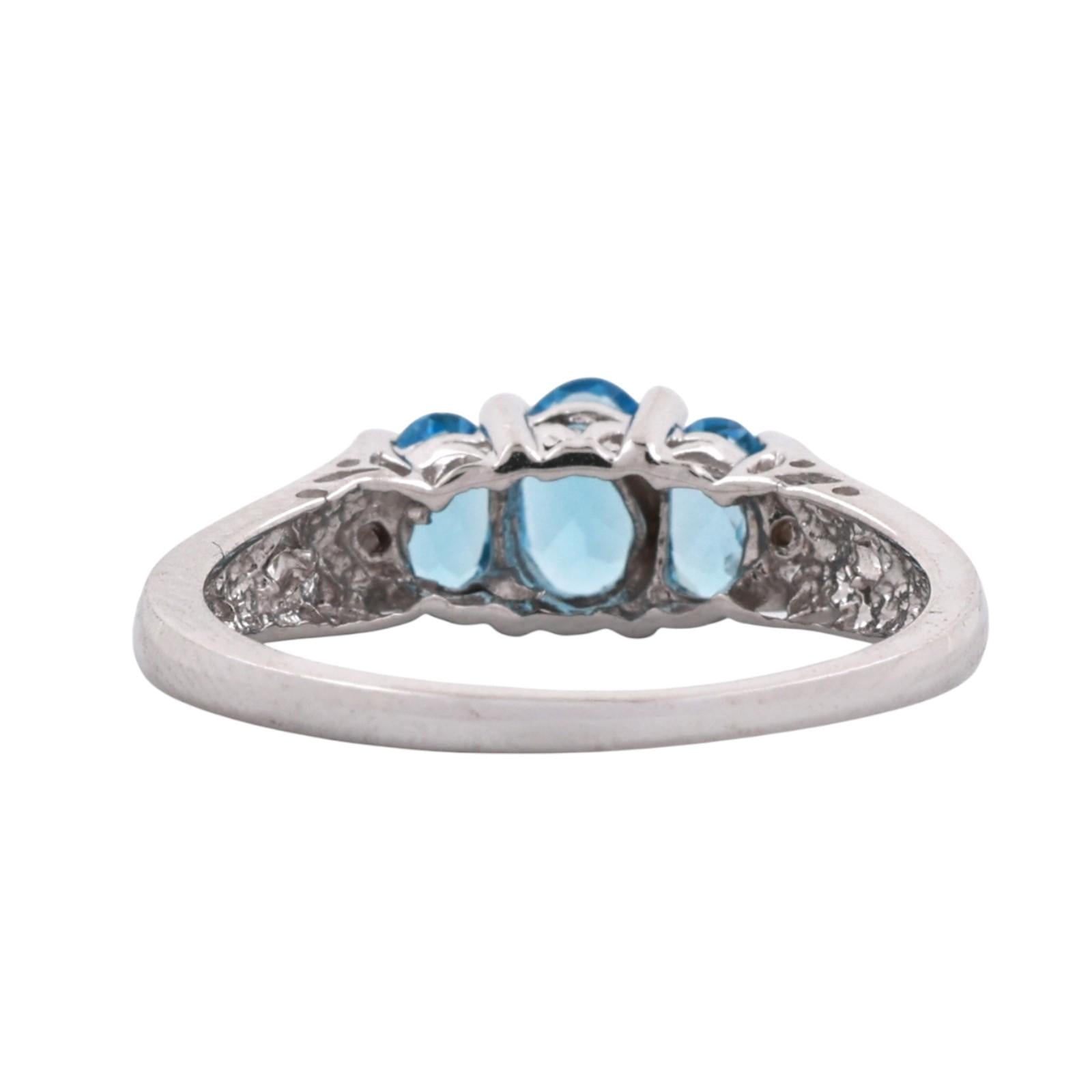 14K White Gold 3-Stone Blue Topaz Diamond Ring Oval Gemstones Size 6.5