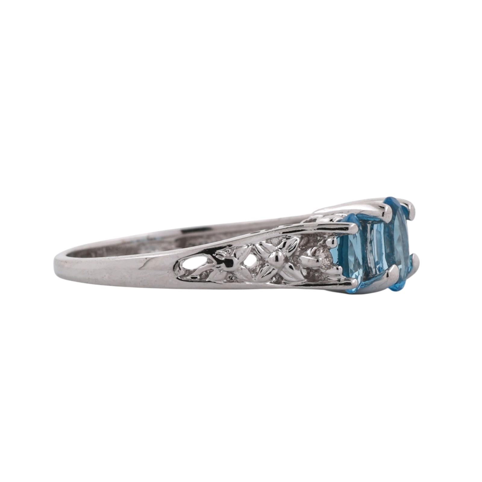 14K White Gold 3-Stone Blue Topaz Diamond Ring Oval Gemstones Size 6.5