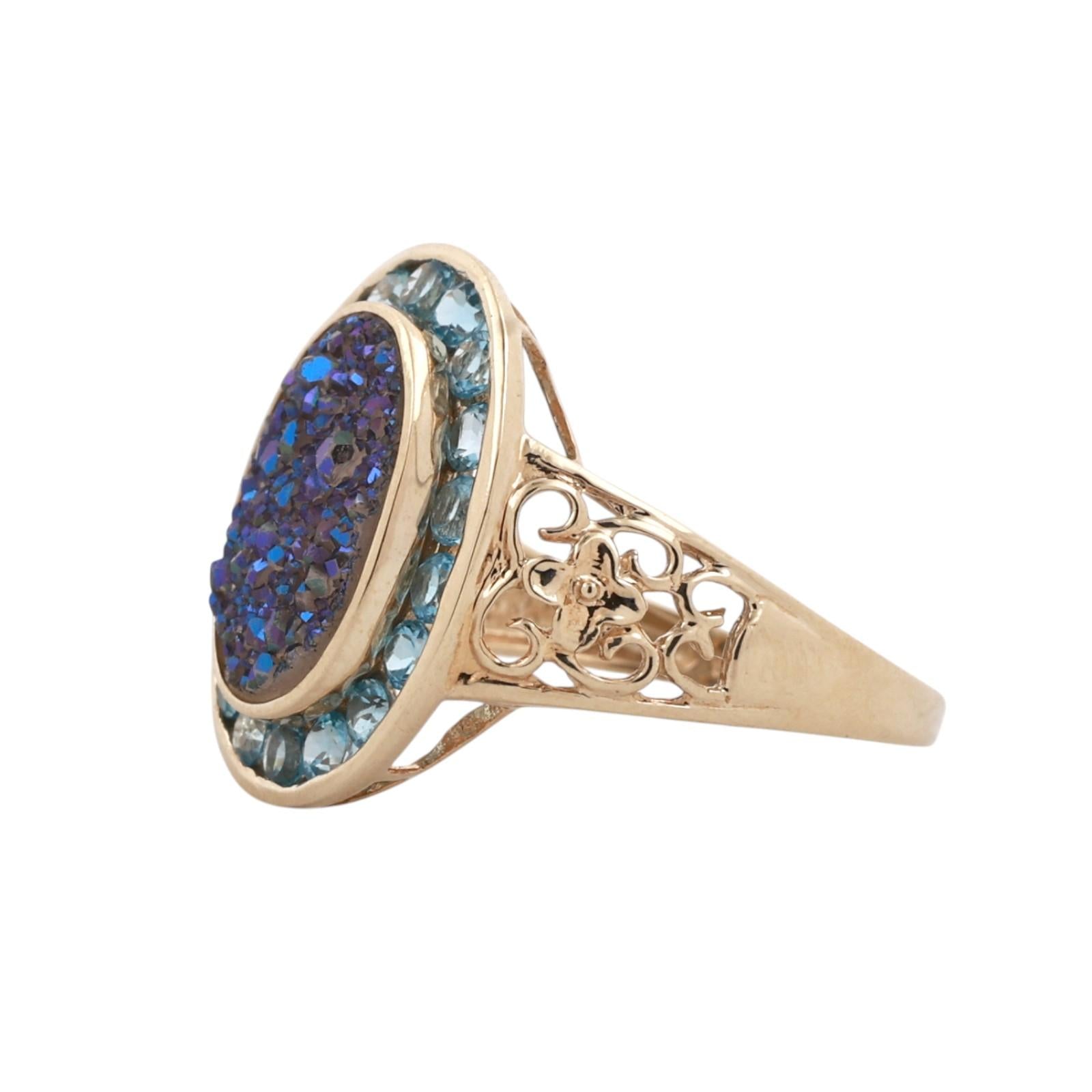 14K Yellow Gold Blue Druzy Agate And Blue Topaz Halo Ring Size 10.25 Estate