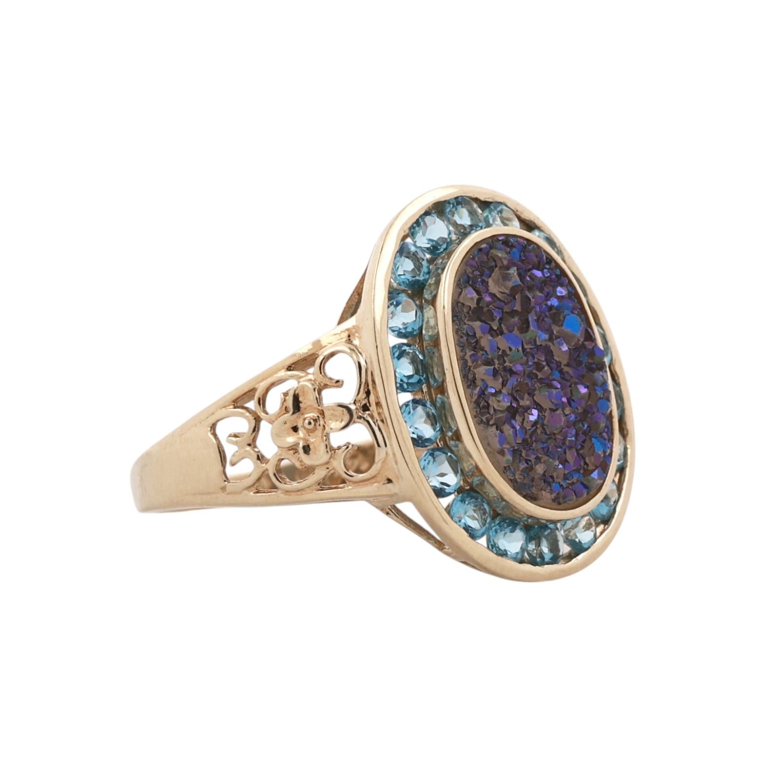 14K Yellow Gold Blue Druzy Agate And Blue Topaz Halo Ring Size 10.25 Estate