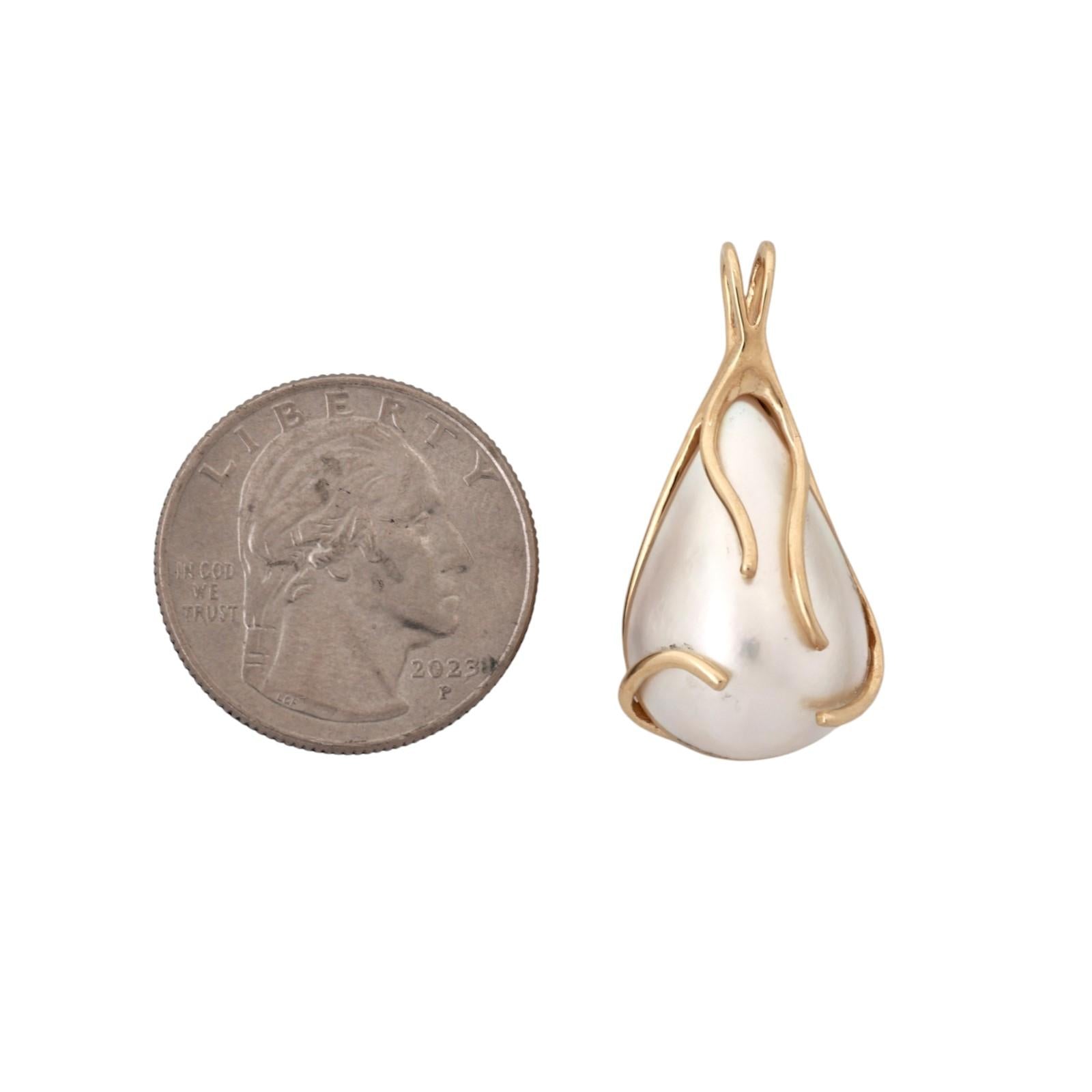 Yellow Gold Cultured Mabe Pearl Teardrop Pendant Pear Shape 1.25”