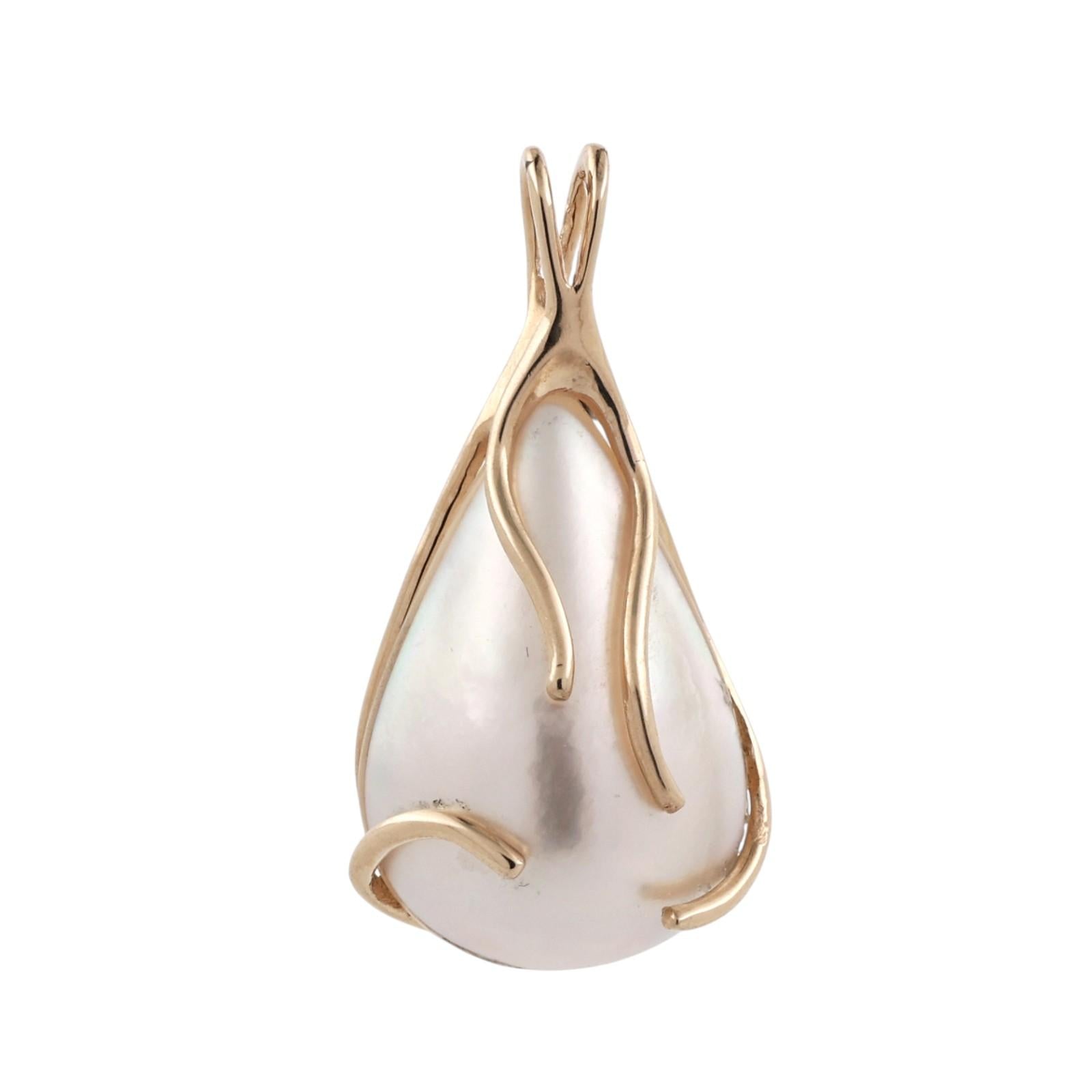 Yellow Gold Cultured Mabe Pearl Teardrop Pendant Pear Shape 1.25”