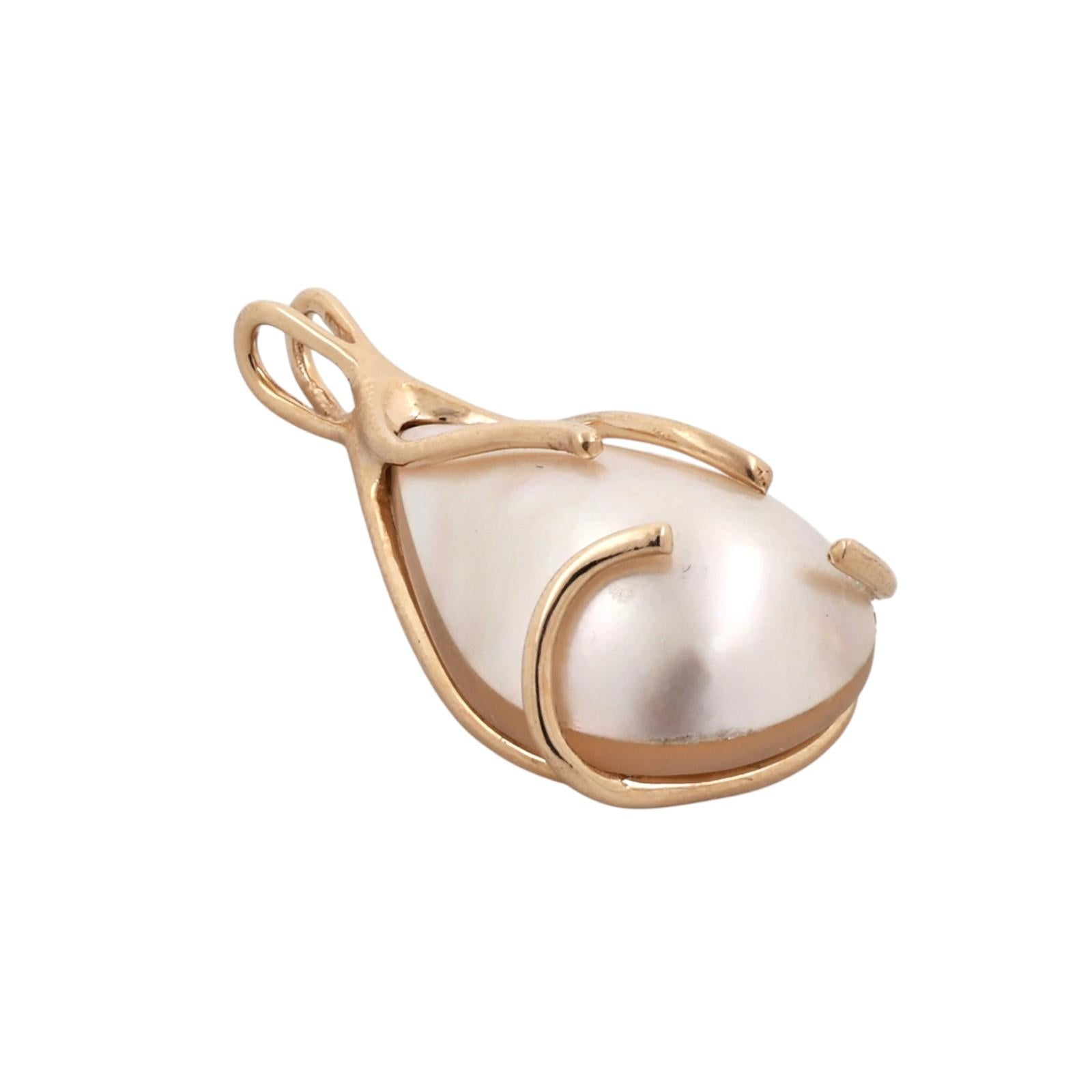 Yellow Gold Cultured Mabe Pearl Teardrop Pendant Pear Shape 1.25”