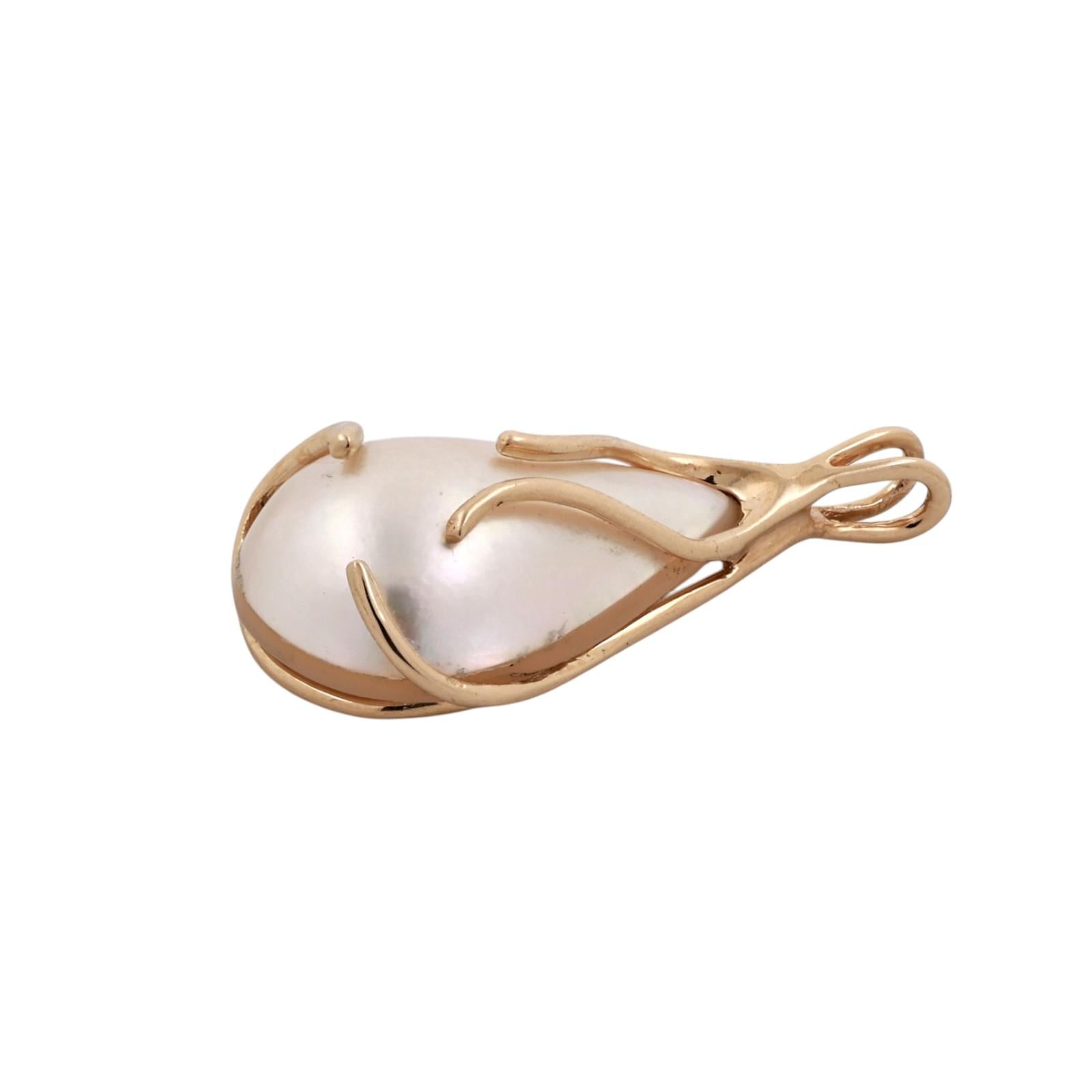 Yellow Gold Cultured Mabe Pearl Teardrop Pendant Pear Shape 1.25”