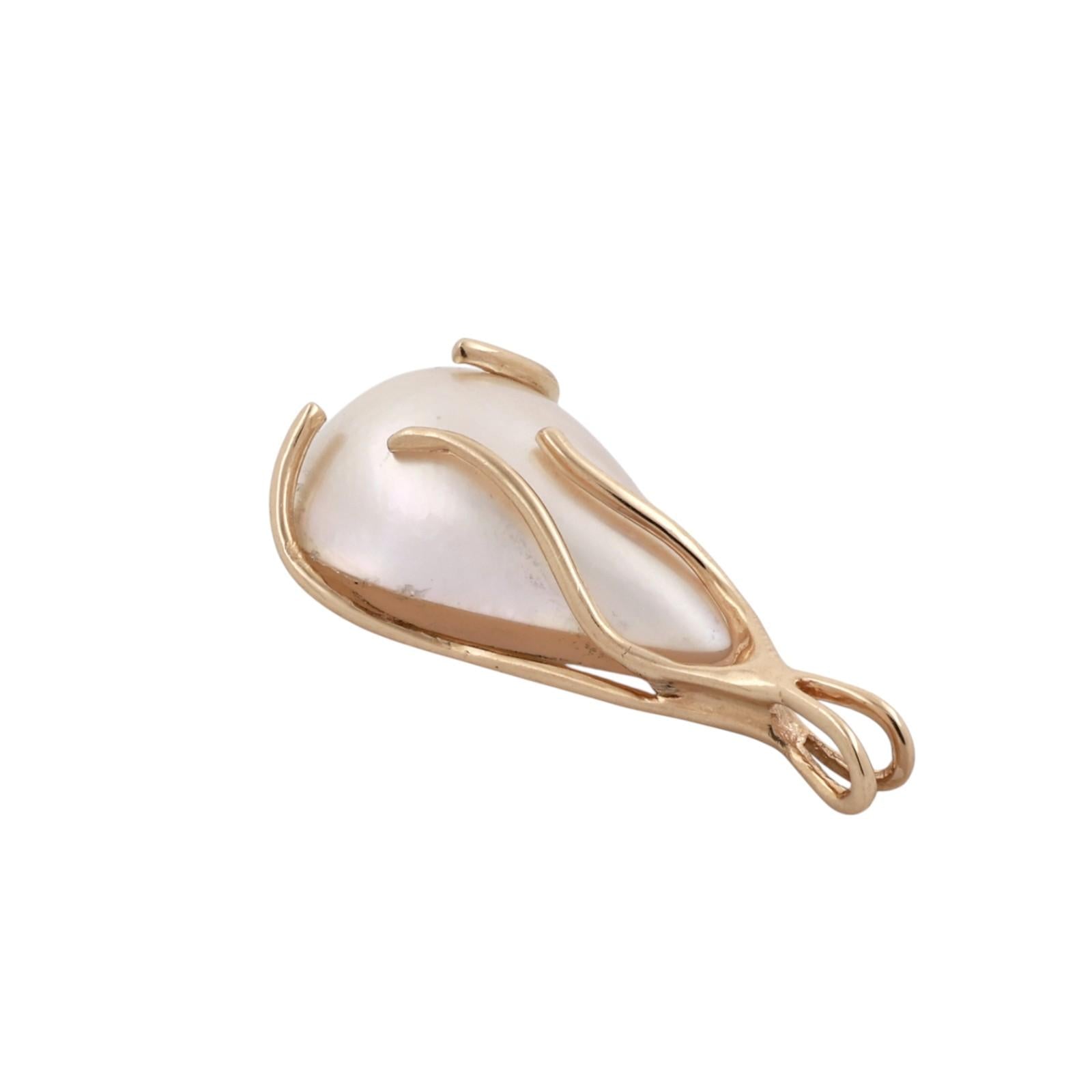 Yellow Gold Cultured Mabe Pearl Teardrop Pendant Pear Shape 1.25”