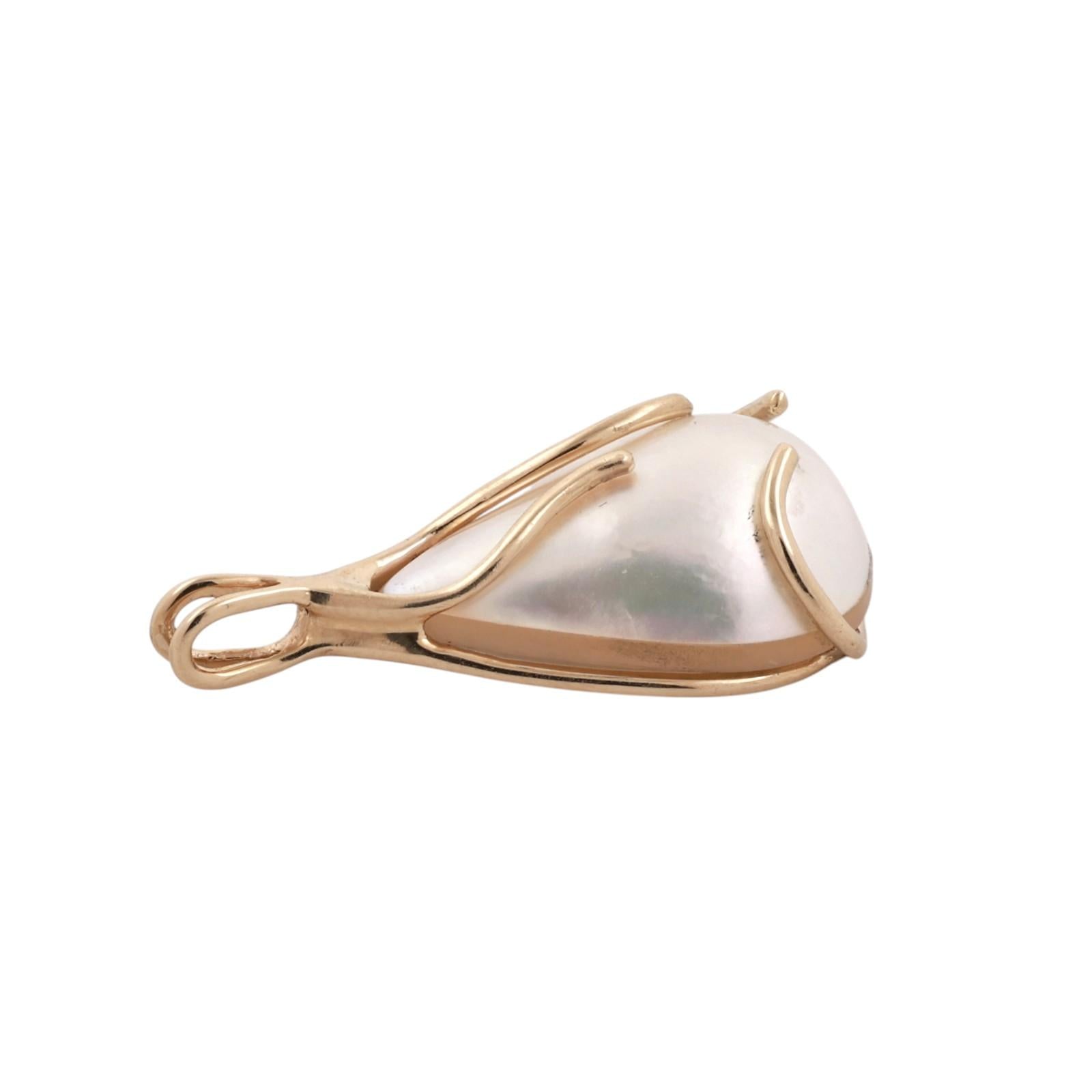 Yellow Gold Cultured Mabe Pearl Teardrop Pendant Pear Shape 1.25”