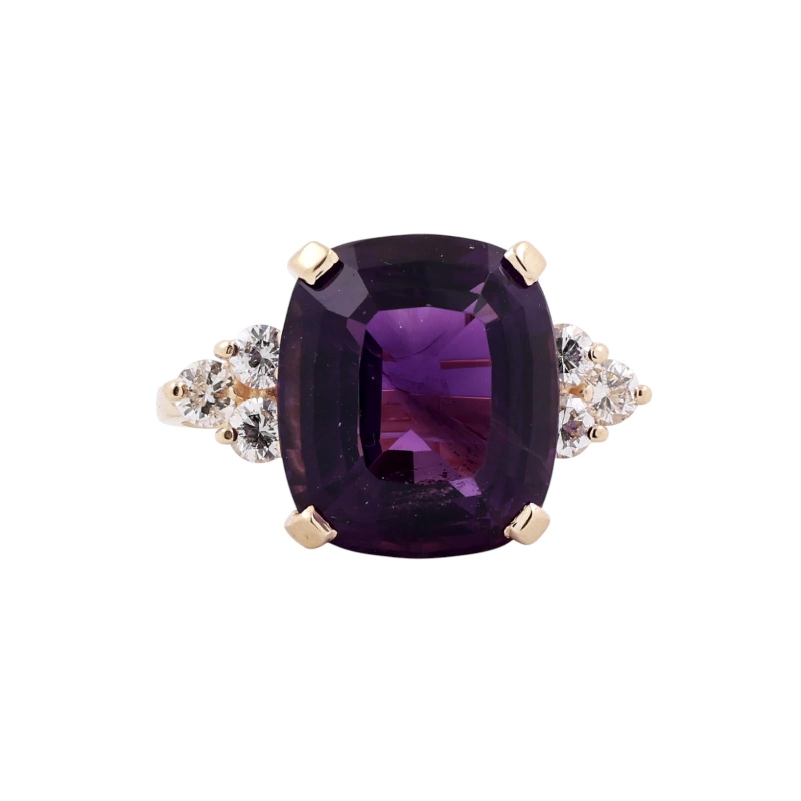 14K Yellow Gold 12.90CTW Antique Cushion Cut Amethyst Diamond Ring Size 9 Estate