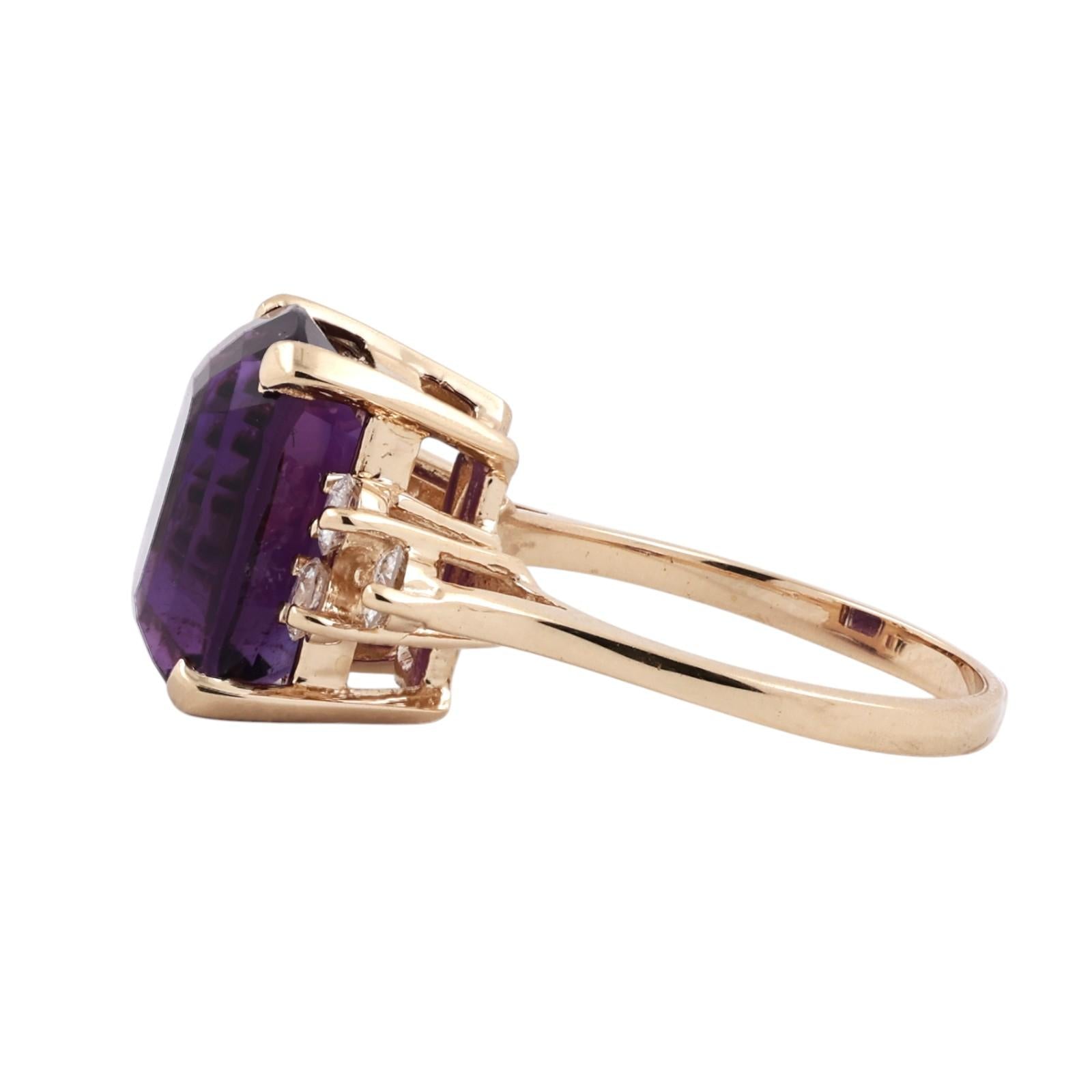 14K Yellow Gold 12.90CTW Antique Cushion Cut Amethyst Diamond Ring Size 9 Estate