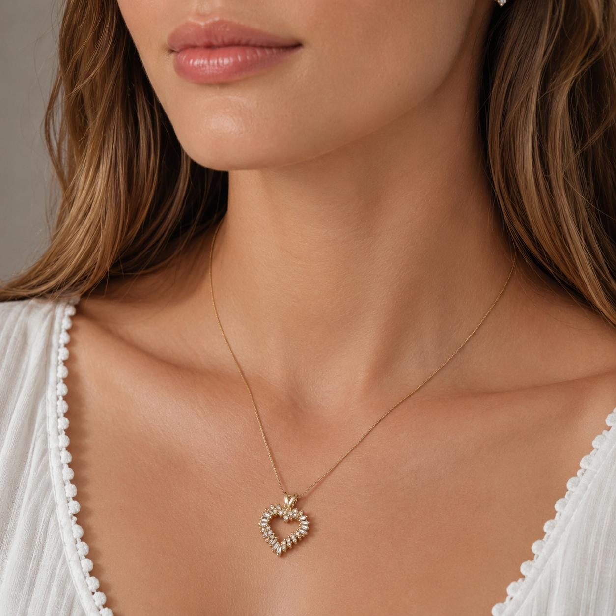 14K Yellow Gold 0.50TW Diamond Open Heart Pendant Necklace Round Baguette 18.25"