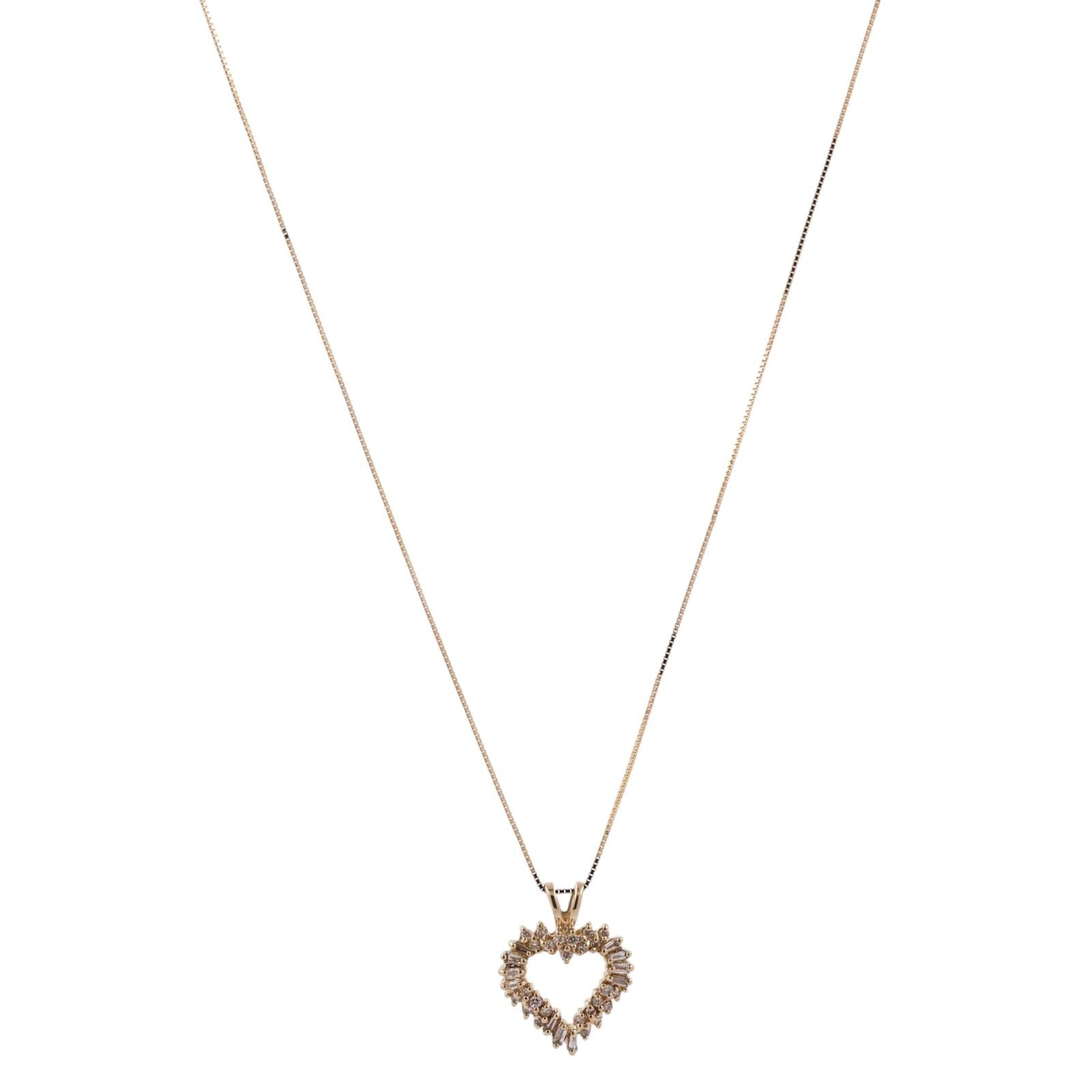 14K Yellow Gold 0.50TW Diamond Open Heart Pendant Necklace Round Baguette 18.25"