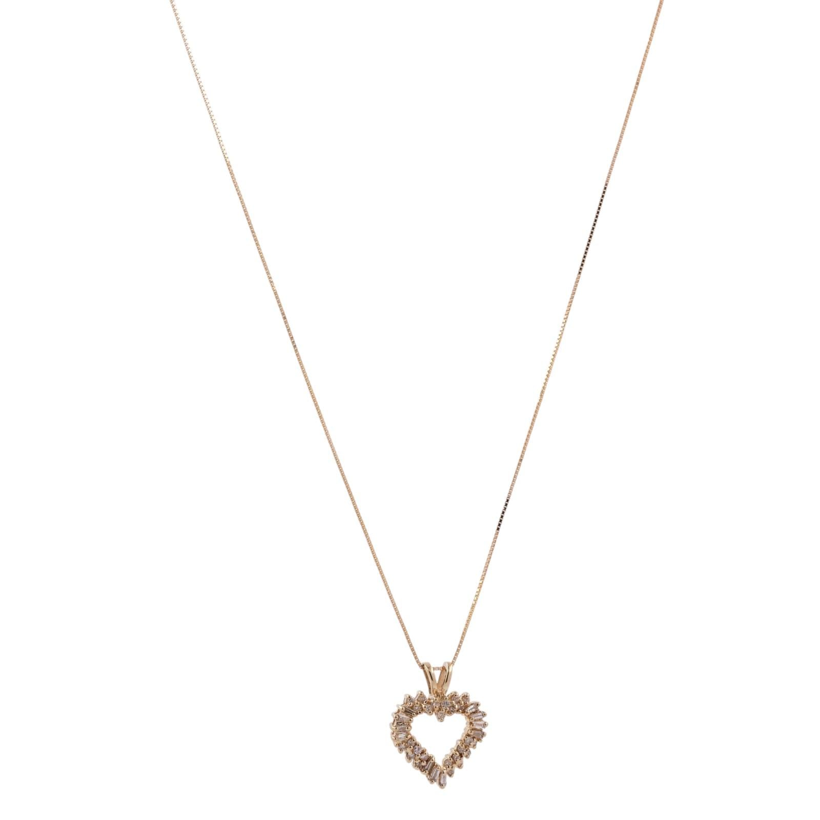 14K Yellow Gold 0.50TW Diamond Open Heart Pendant Necklace Round Baguette 18.25"