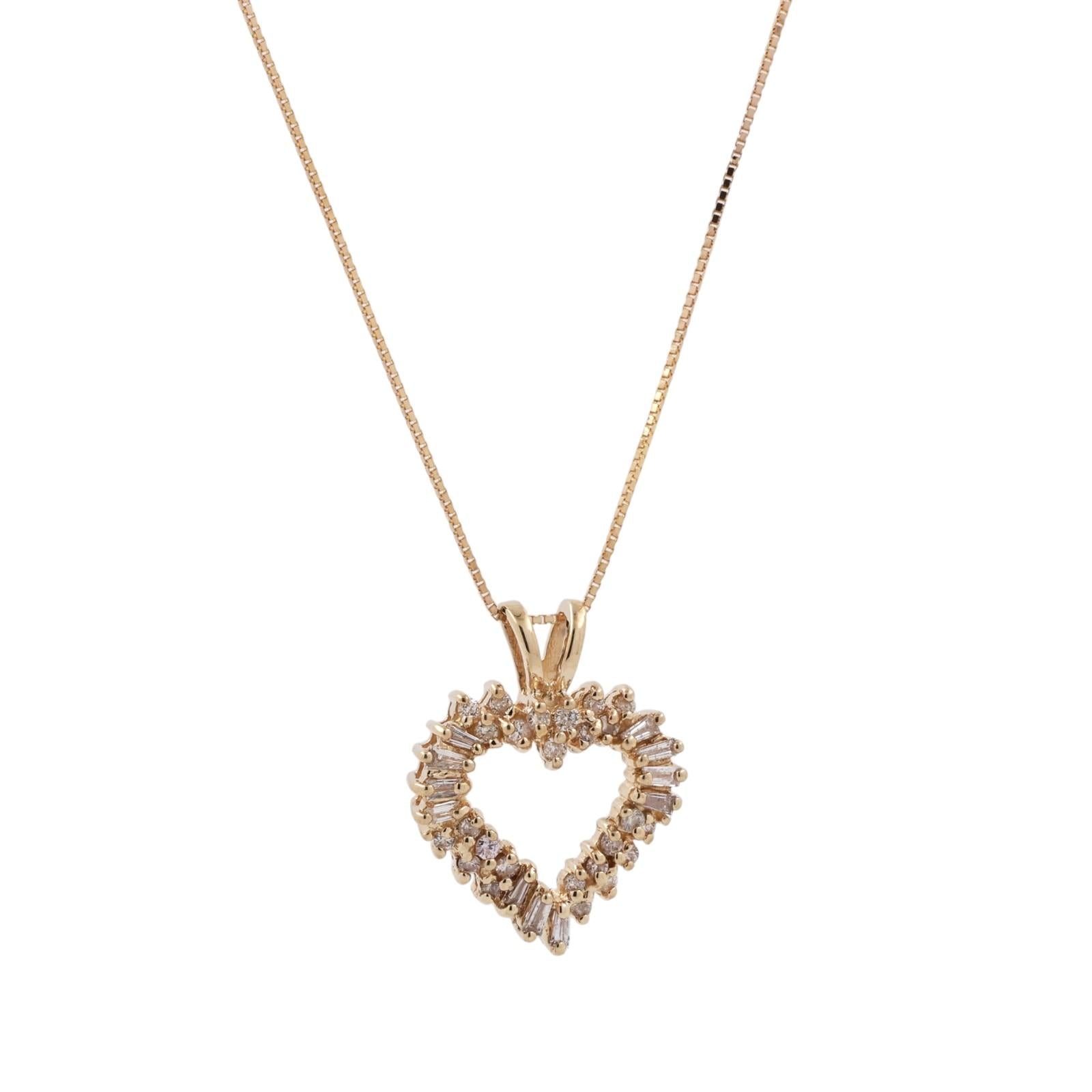 14K Yellow Gold 0.50TW Diamond Open Heart Pendant Necklace Round Baguette 18.25"