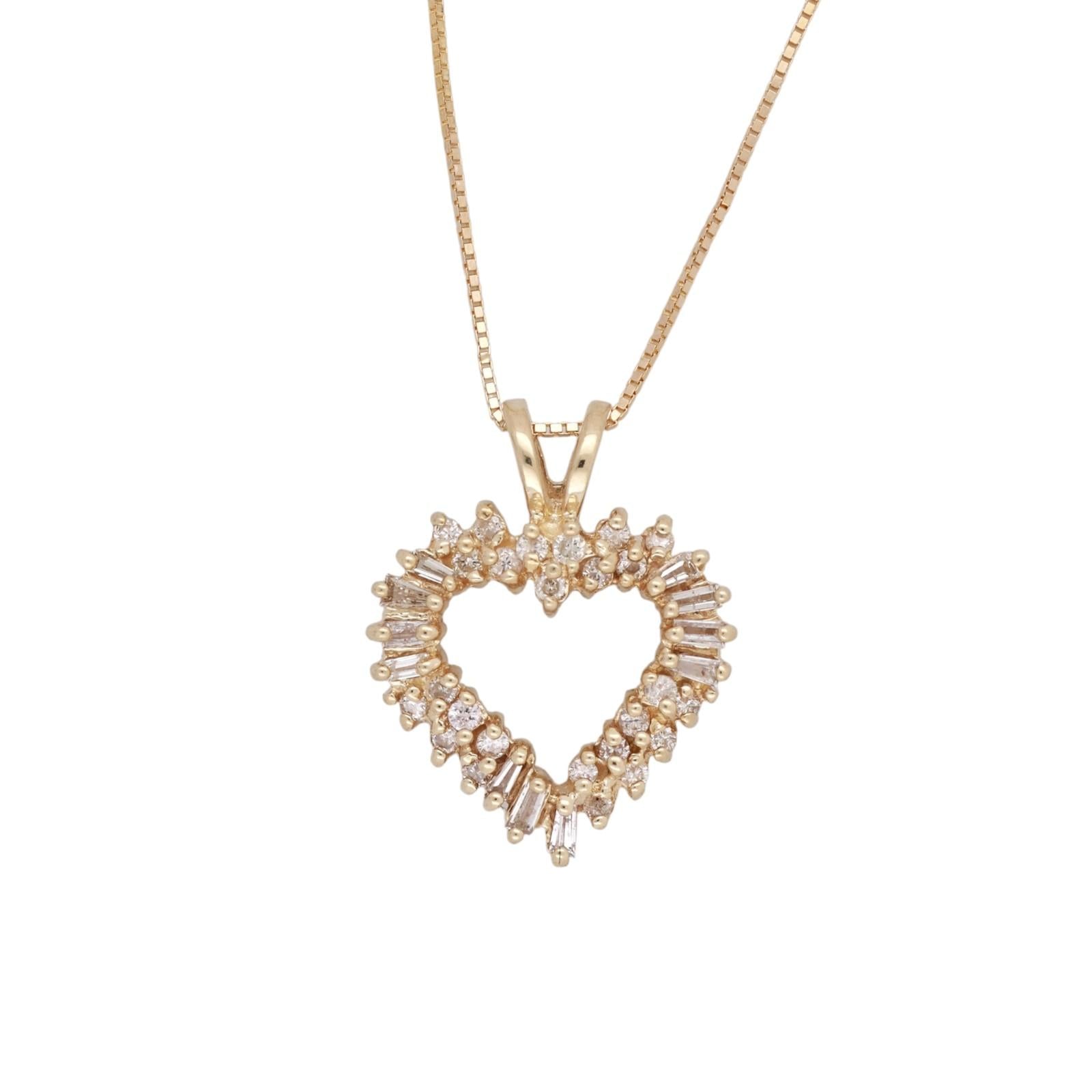 14K Yellow Gold 0.50TW Diamond Open Heart Pendant Necklace Round Baguette 18.25"