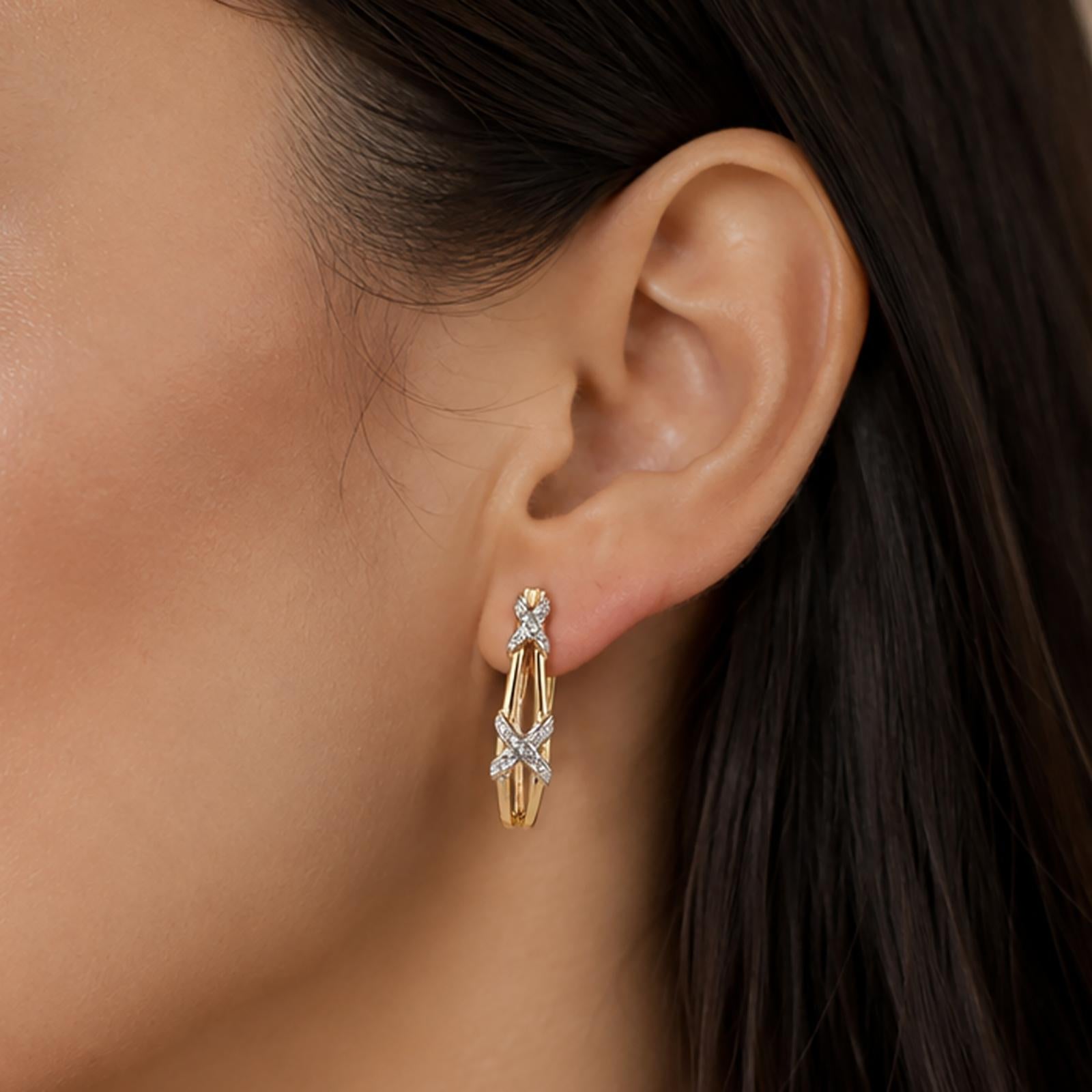 14K Two Tone Gold Diamond X Hoop Clip-On Earrings Non Pierced 0.10CTW
