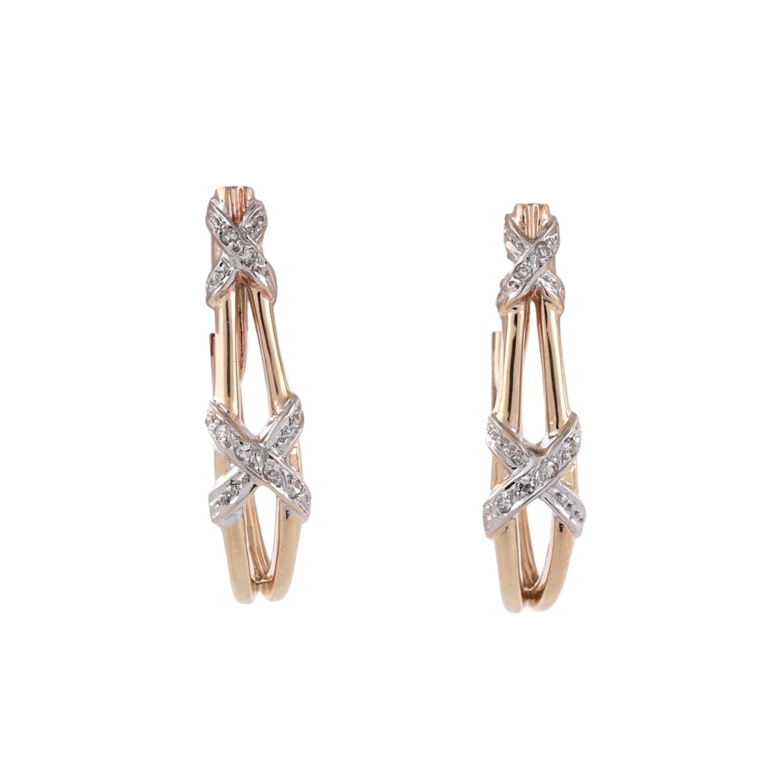 14K Two Tone Gold Diamond X Hoop Clip-On Earrings Non Pierced 0.10CTW