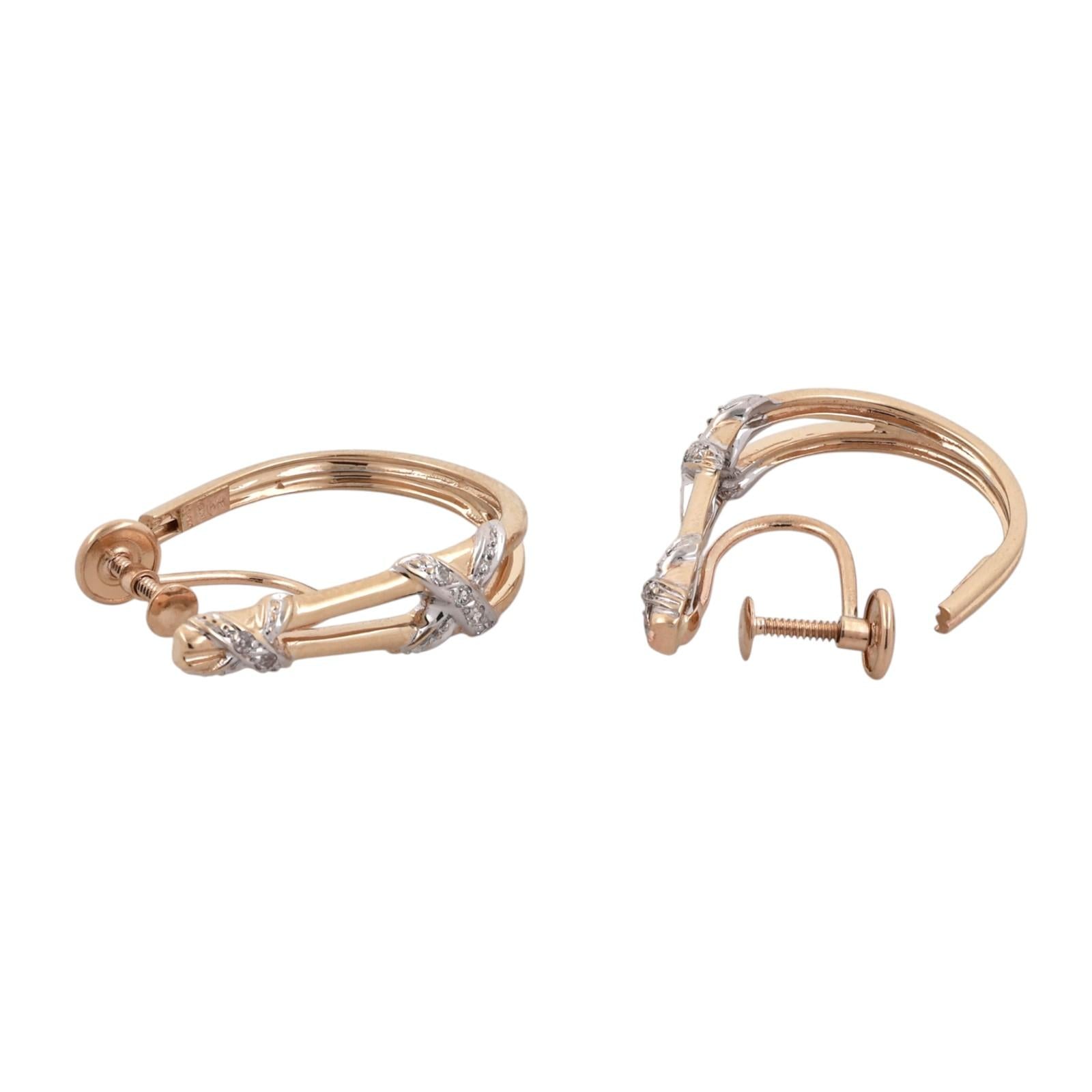14K Two Tone Gold Diamond X Hoop Clip-On Earrings Non Pierced 0.10CTW