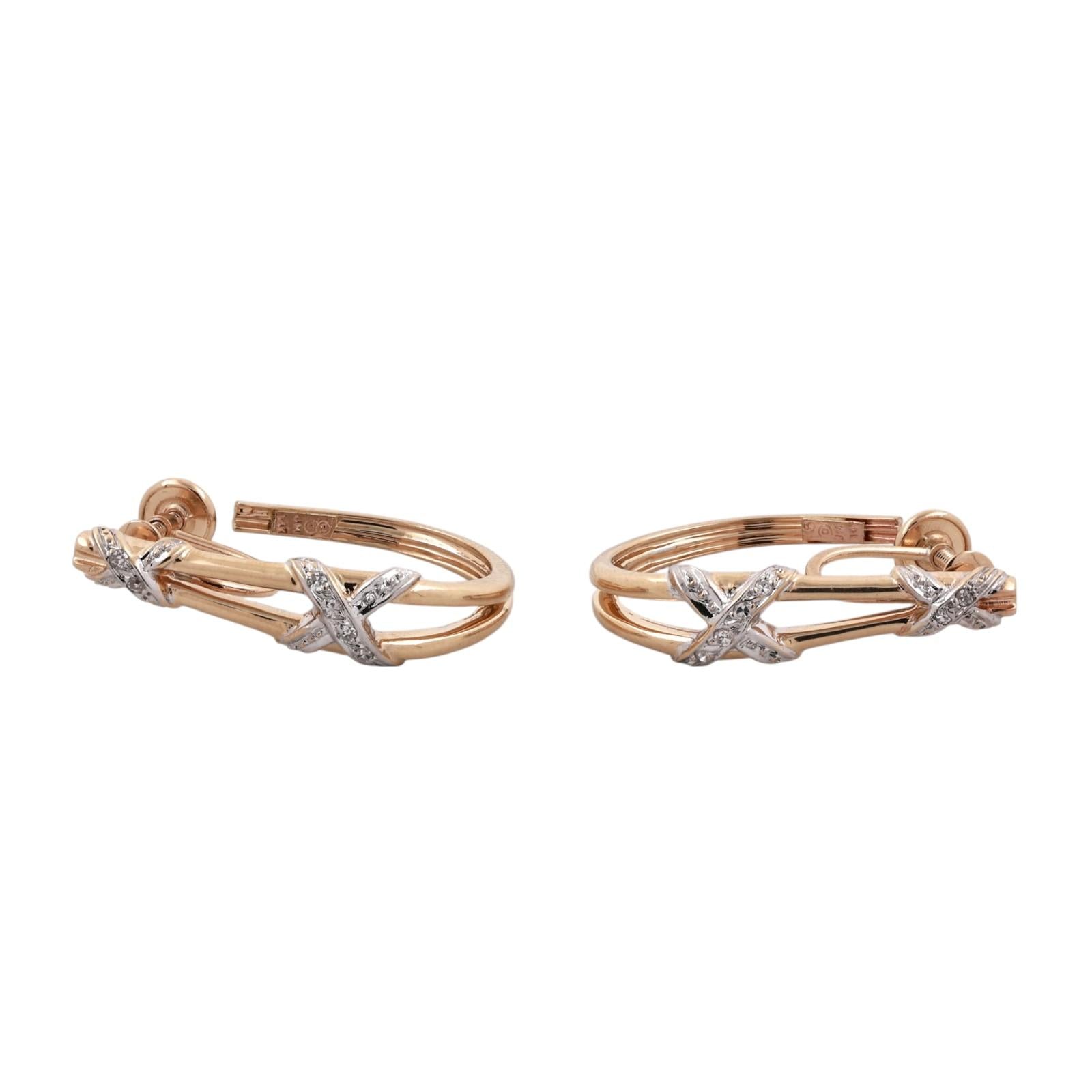 14K Two Tone Gold Diamond X Hoop Clip-On Earrings Non Pierced 0.10CTW