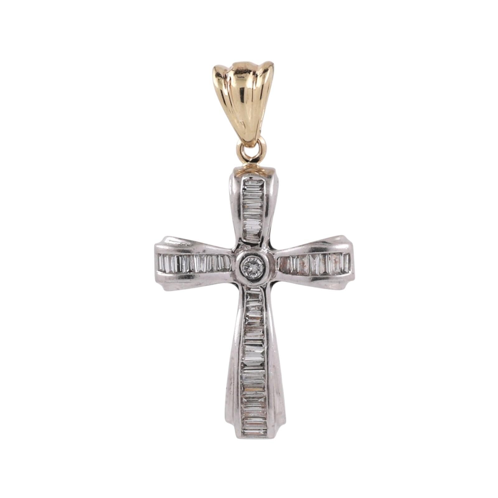 Two-Tone Gold Diamond Cross Pendant Round Baguette Diamonds 0.50CTW