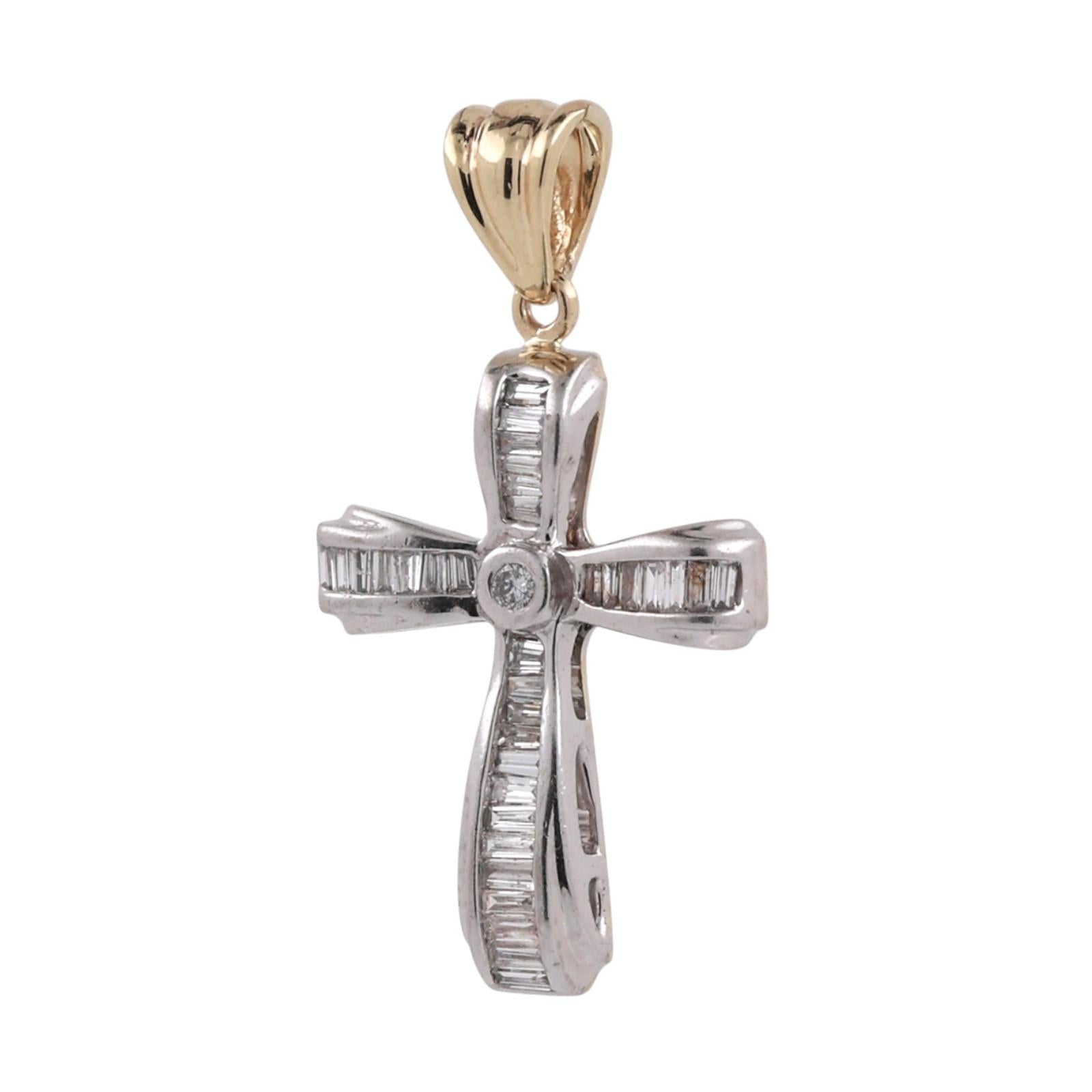 Two-Tone Gold Diamond Cross Pendant Round Baguette Diamonds 0.50CTW