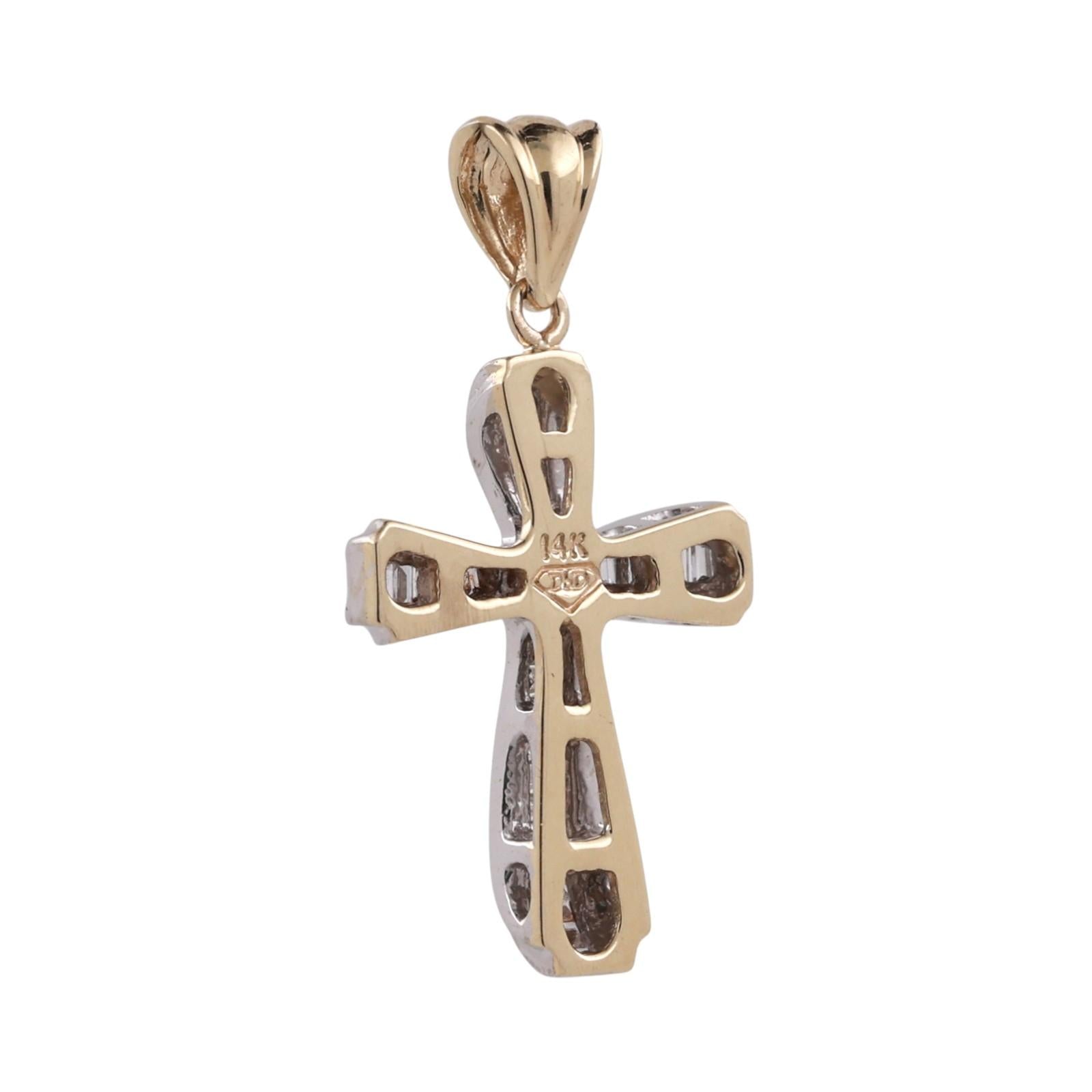 Two-Tone Gold Diamond Cross Pendant Round Baguette Diamonds 0.50CTW