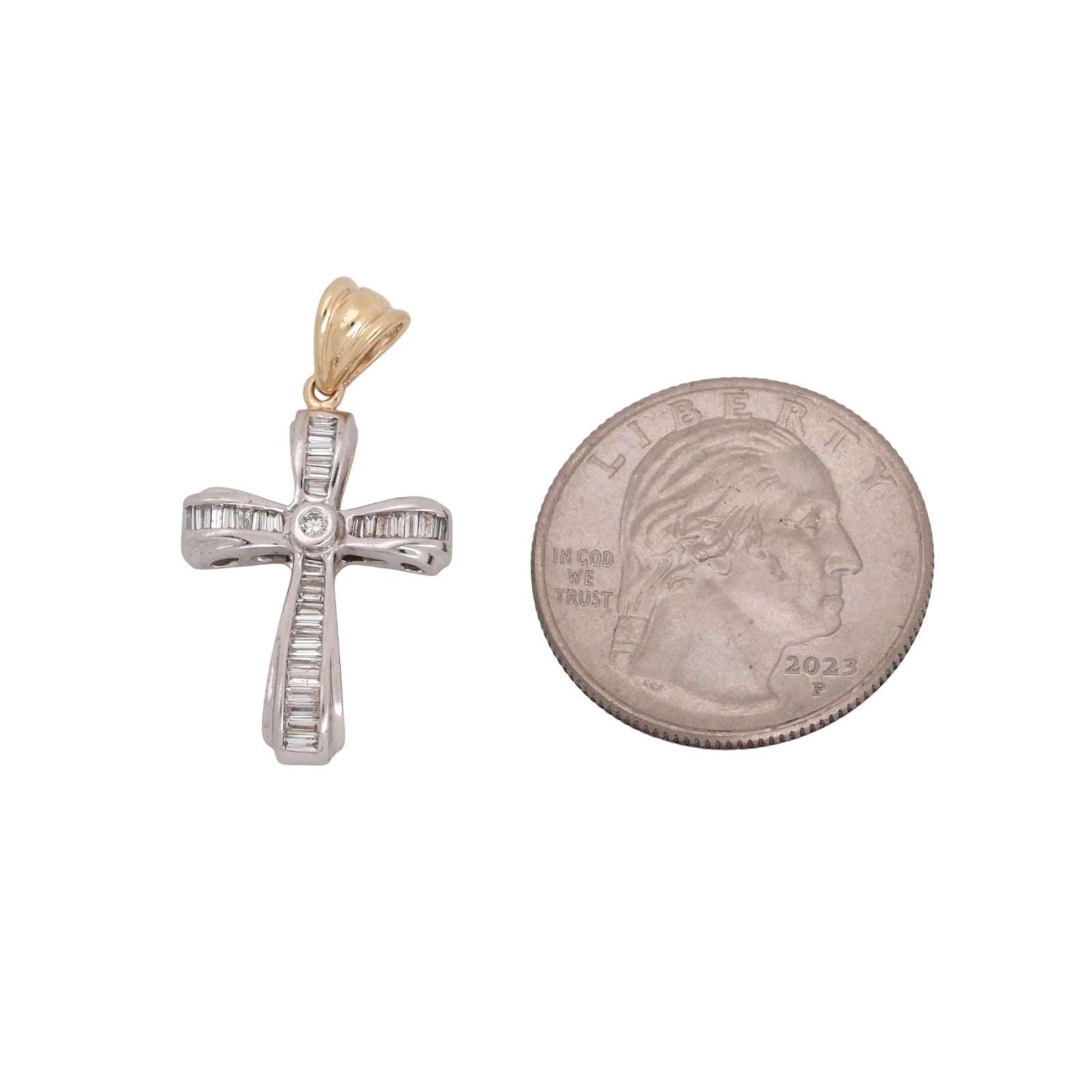 Two-Tone Gold Diamond Cross Pendant Round Baguette Diamonds 0.50CTW