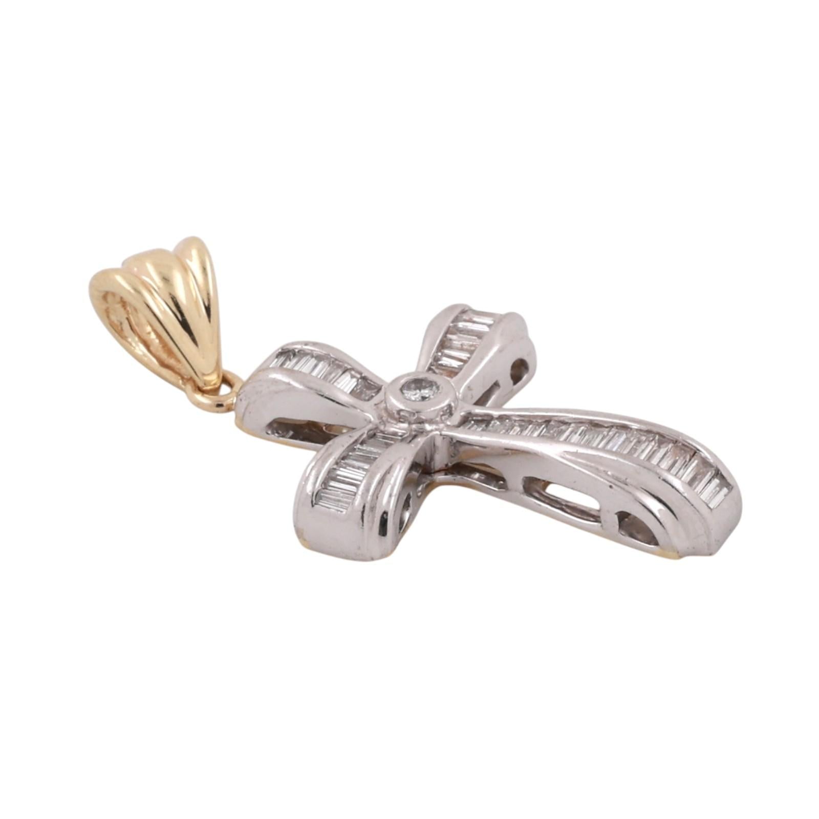 Two-Tone Gold Diamond Cross Pendant Round Baguette Diamonds 0.50CTW
