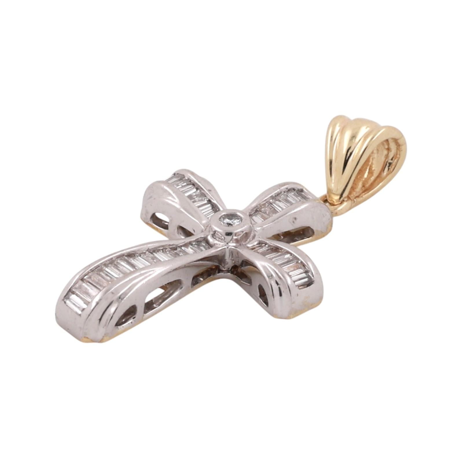 Two-Tone Gold Diamond Cross Pendant Round Baguette Diamonds 0.50CTW