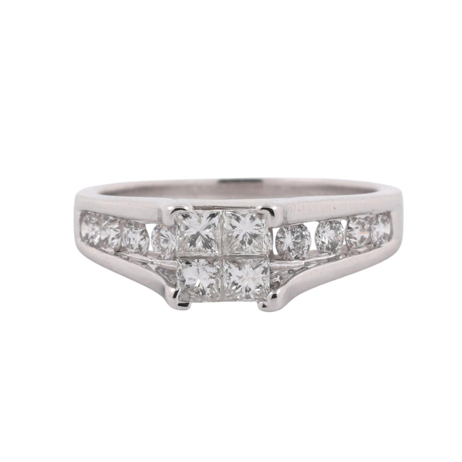 14K White Gold 1.00CTW Princess & Round Diamond Cluster Ring Size 7.75