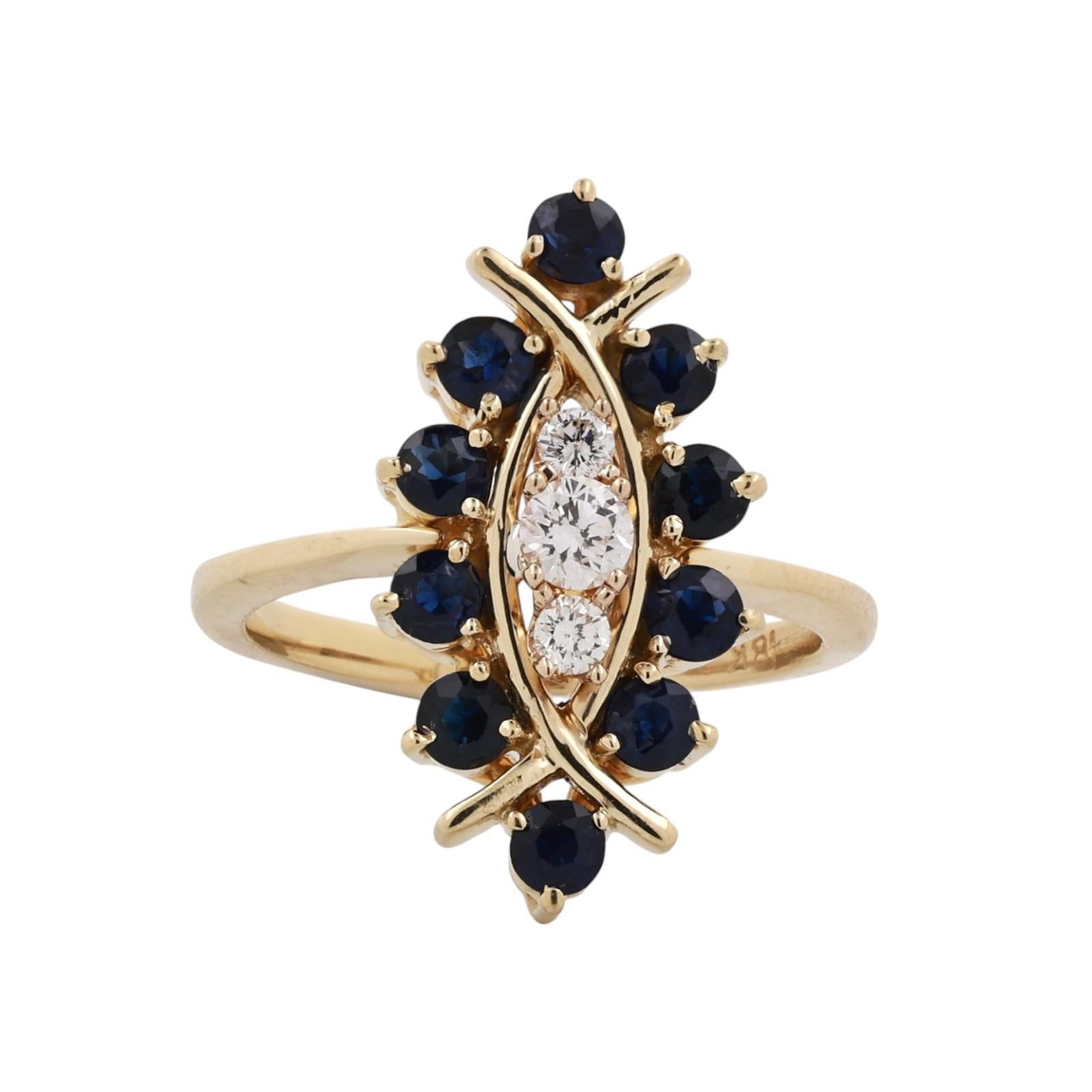Yellow Gold Sapphire Diamond Marquise Cluster Ring 1.21CTW Estate Size 7.25