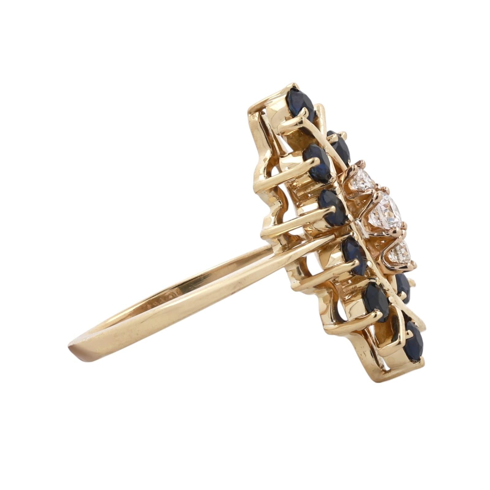 Yellow Gold Sapphire Diamond Marquise Cluster Ring 1.21CTW Estate Size 7.25