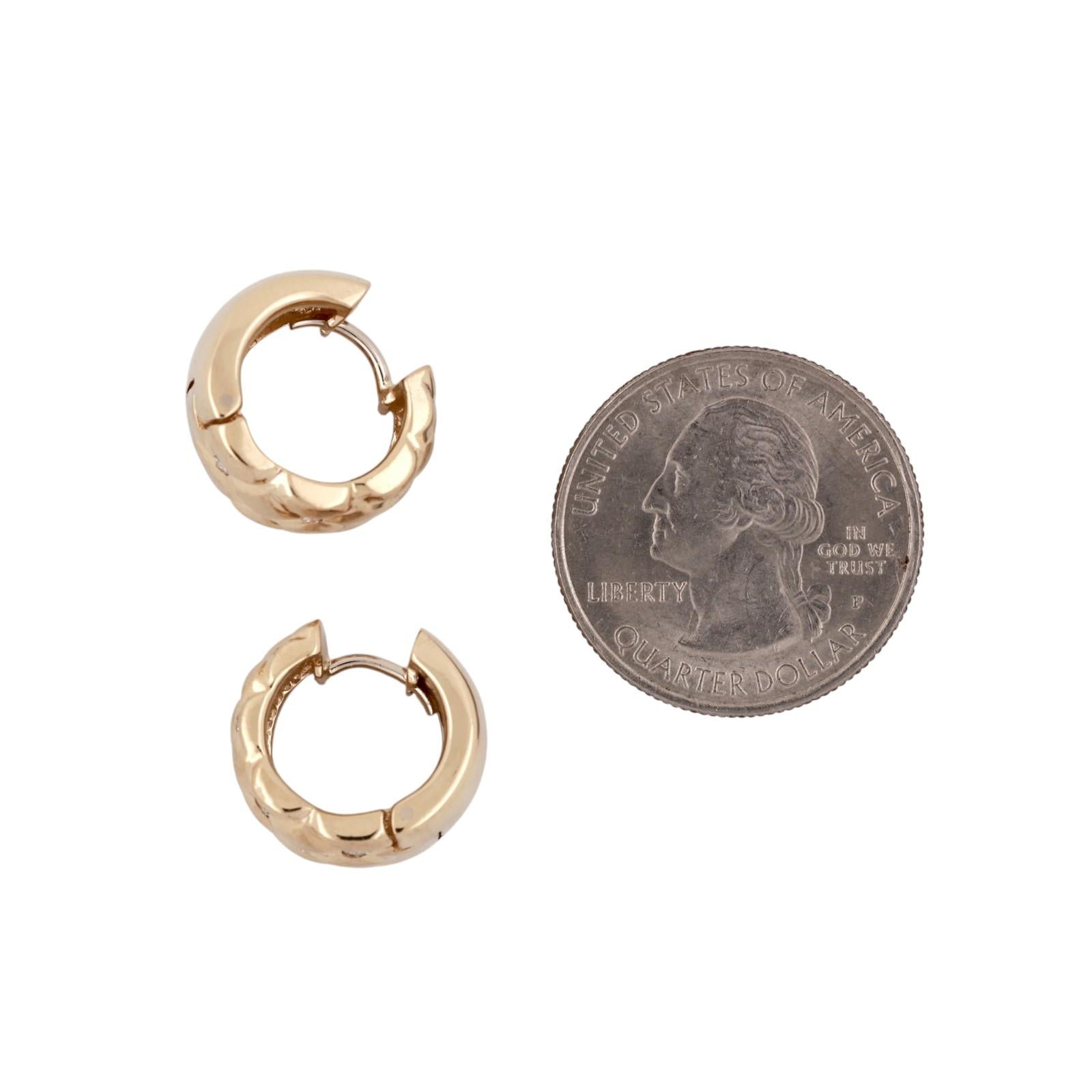 14K Yellow Gold Diamond Quilted Wide Huggie Hoop Earrings 0.42CTW Estate