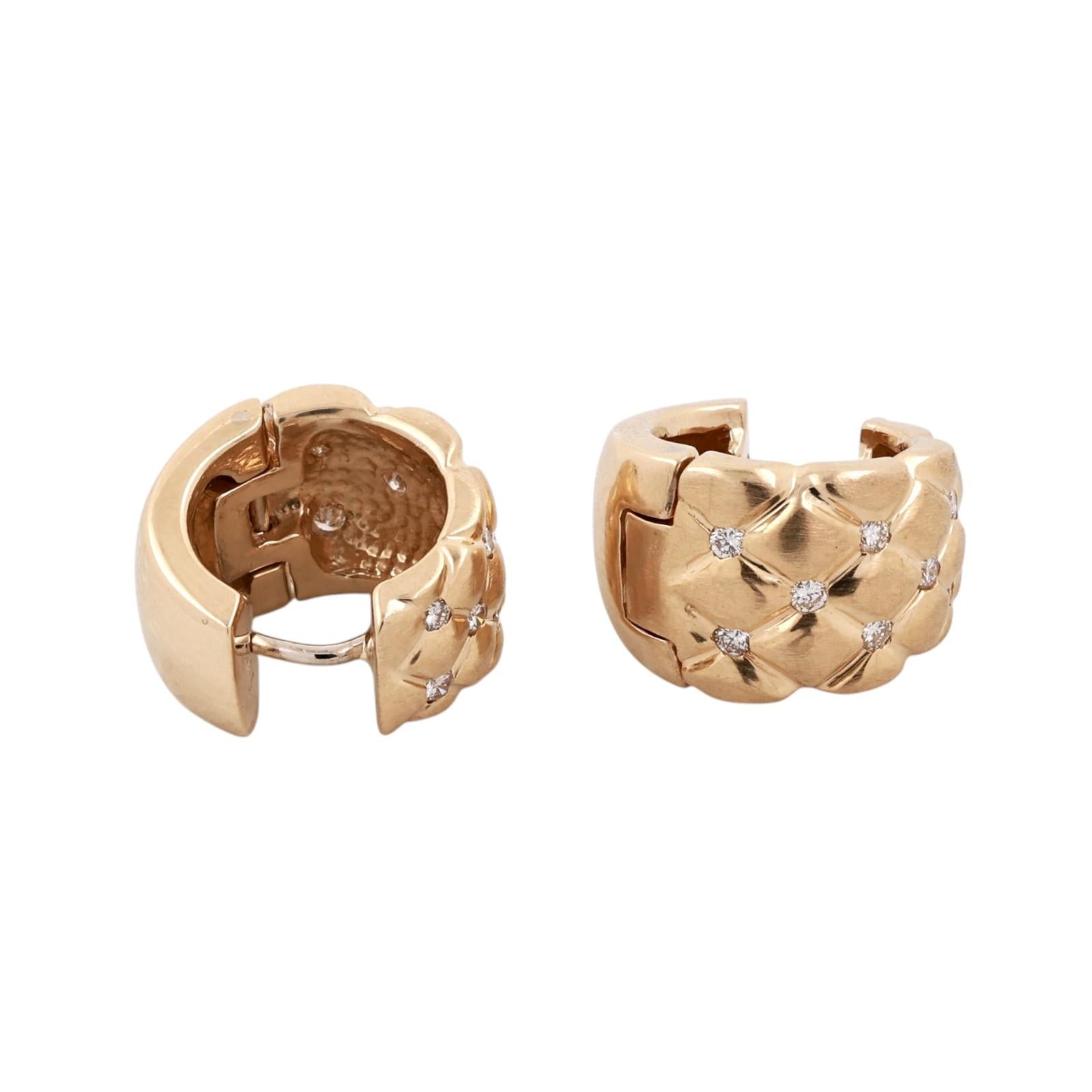 14K Yellow Gold Diamond Quilted Wide Huggie Hoop Earrings 0.42CTW Estate