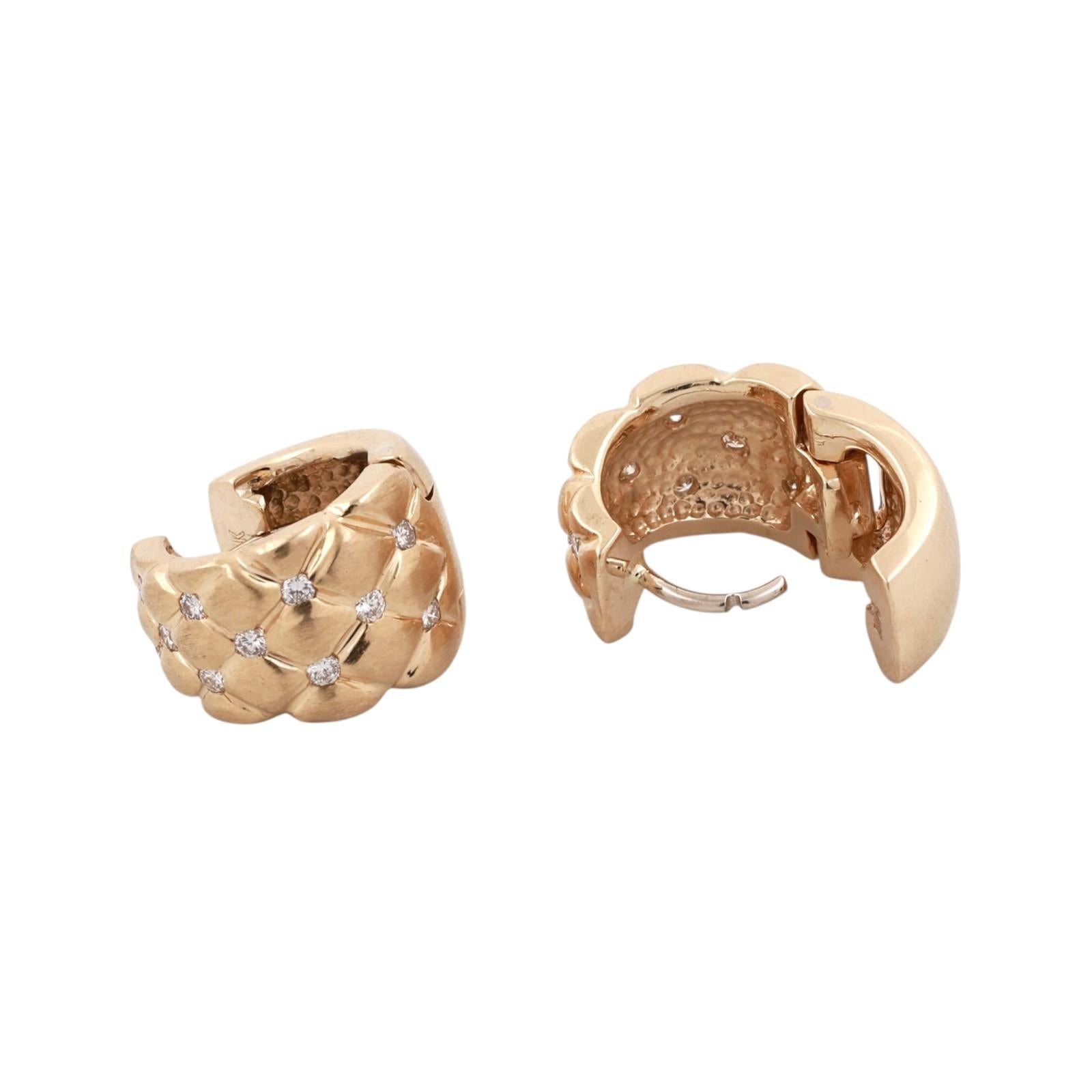14K Yellow Gold Diamond Quilted Wide Huggie Hoop Earrings 0.42CTW Estate