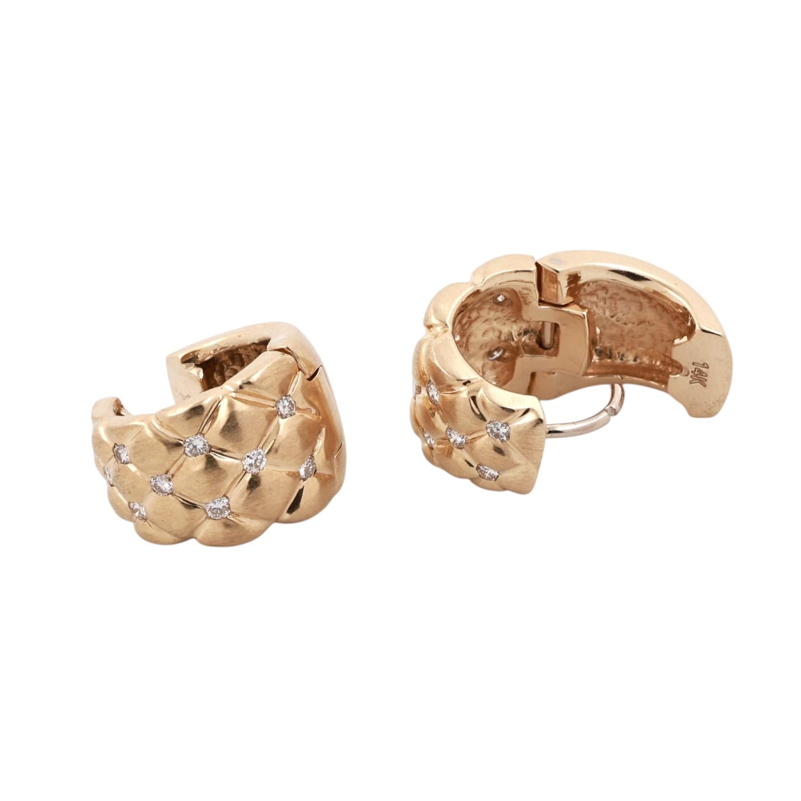 14K Yellow Gold Diamond Quilted Wide Huggie Hoop Earrings 0.42CTW Estate